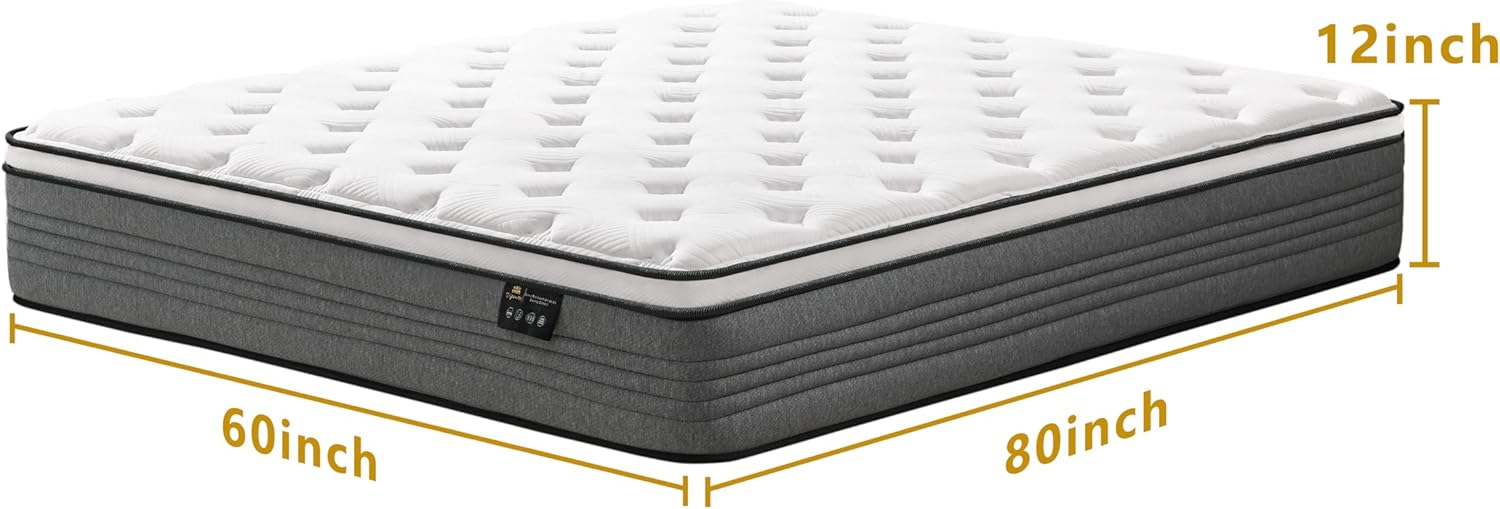 Vipcute Queen Mattress, 12 Inch Queen Size Mattresses, 12 Inch Hybrid Pocketed Coil Mattress in a Box with Gel Memory Foam, Medium Firm