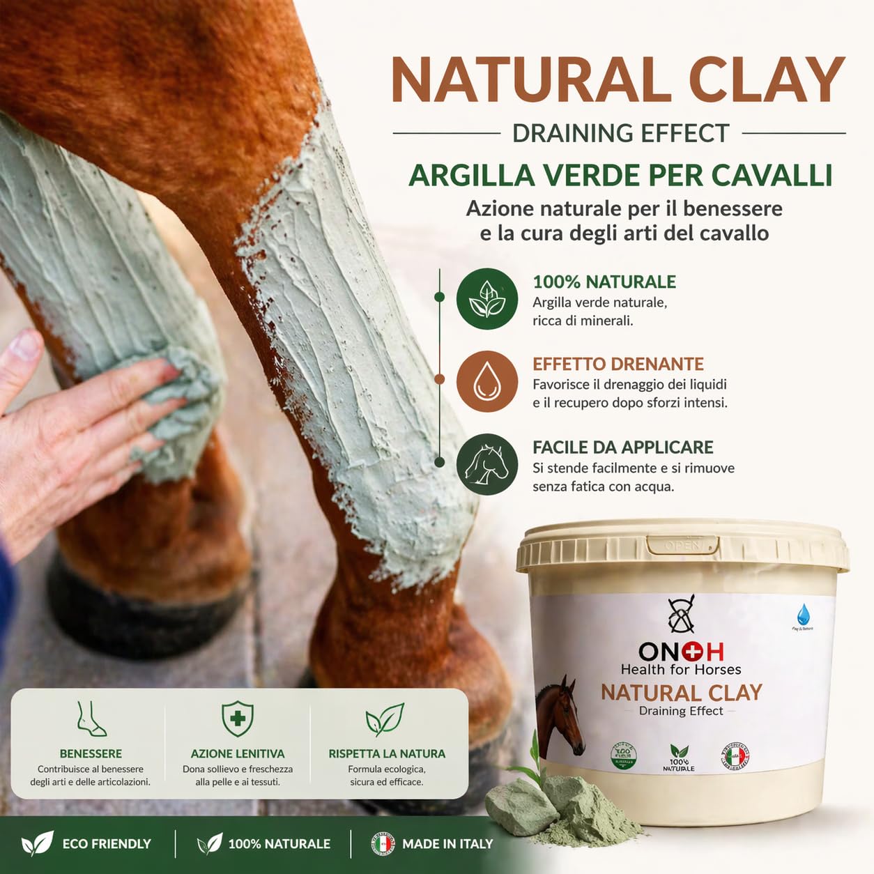 ON-H Natural Clay Argilla Verde per Cavalli 3 kg | Impacco Naturale per Muscoli, Tendini e Articolazioni | Effetto Rinfrescante | Ideale Dopo Allenamento, Gara e Lavoro Intenso Cavallo Sportivo