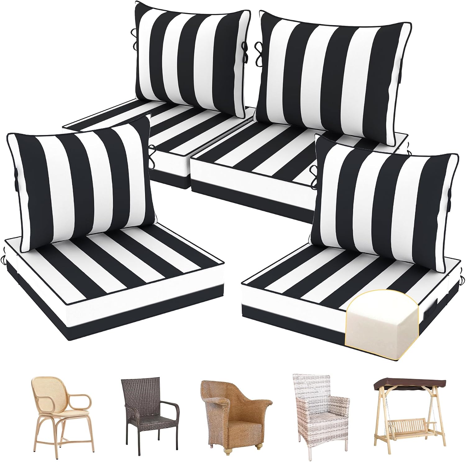 22x22 inch Outdoor Chair Cushion set of 4 , Fade-Resistant Deep Seat Patio Cushions with Handle Straps, Patio Furniture Cushion for Seat Patio Chairs, Rattan Furniture, Black and white stripes
