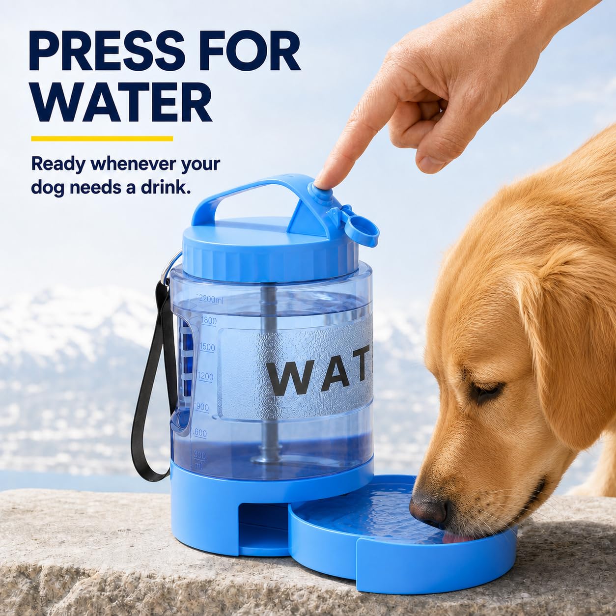 Tragbare Hunde-Wasserflasche, 2,2 l, großer Reise-Wassernapf, Spender für Hunde, Camping, Strand, Spazierengehen, Essentials, Blau