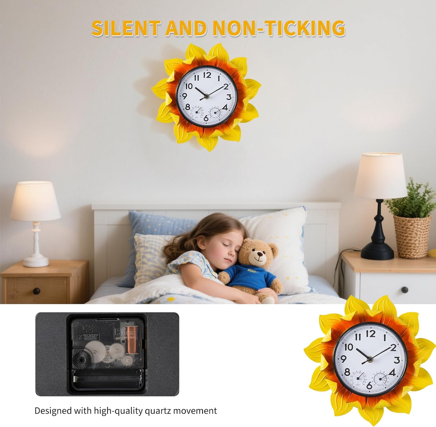 3D Metal Sunflower Wall-Mounted Outdoor Clock Thermometer and Hygrometer Combo，11 Inch Wall Clock Waterproof Quartz Clock Silent No-Ticking for Patio,Kitchen, Living Room,bedrooms,Garden