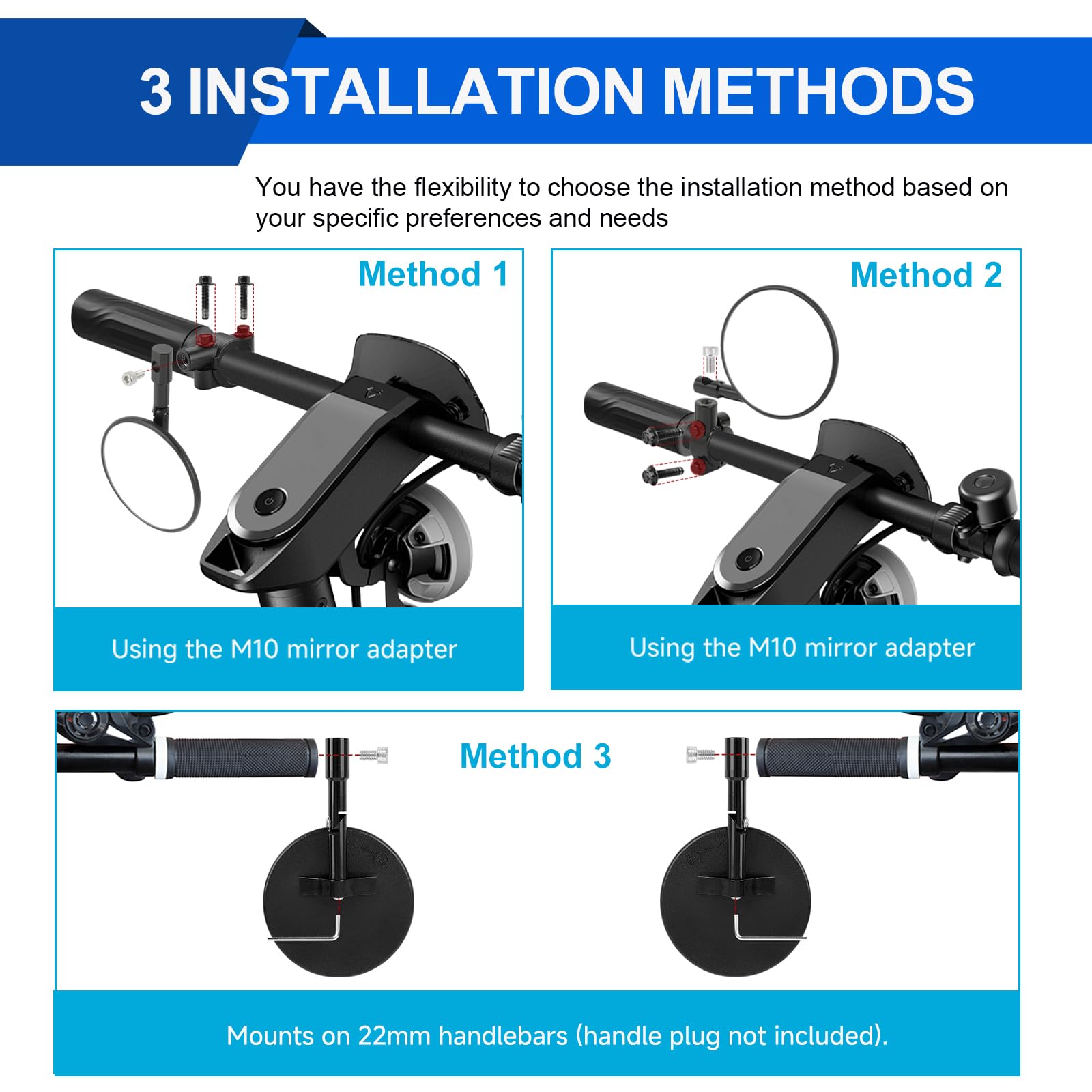 DREAMIZER Rétroviseur de guidon de moto 7/8" 22mm, E24 Homologués rétroviseur de guidon de moto, rétroviseur latéral de moto rond rotatif à 180° compatible avec Dirt Bike Enduro ATV Quad