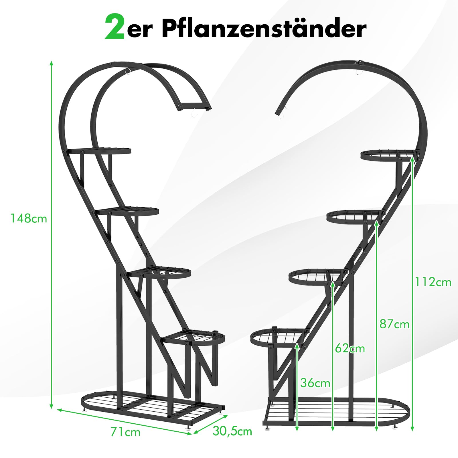 RELAX4LIFE 5-stufiger Pflanzenständer Metall, Blumentreppe Herzförmig, Pflanzenregal mit 4 Haken, Blumenständer Kippschutz, Blumenregal Leiter für Balkon Wohnzimmer Garten (Schwarz)