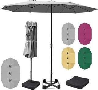 gardenia Home & Garden 15 x 9 FT Double Sided Patio Umbrella for Garden & Poolside, Parasol Sunshade/Bistro Market Umbrella with Cross Base & Sand Bag, Metal Crank,12 Strong Steel Ribs & Air Vent