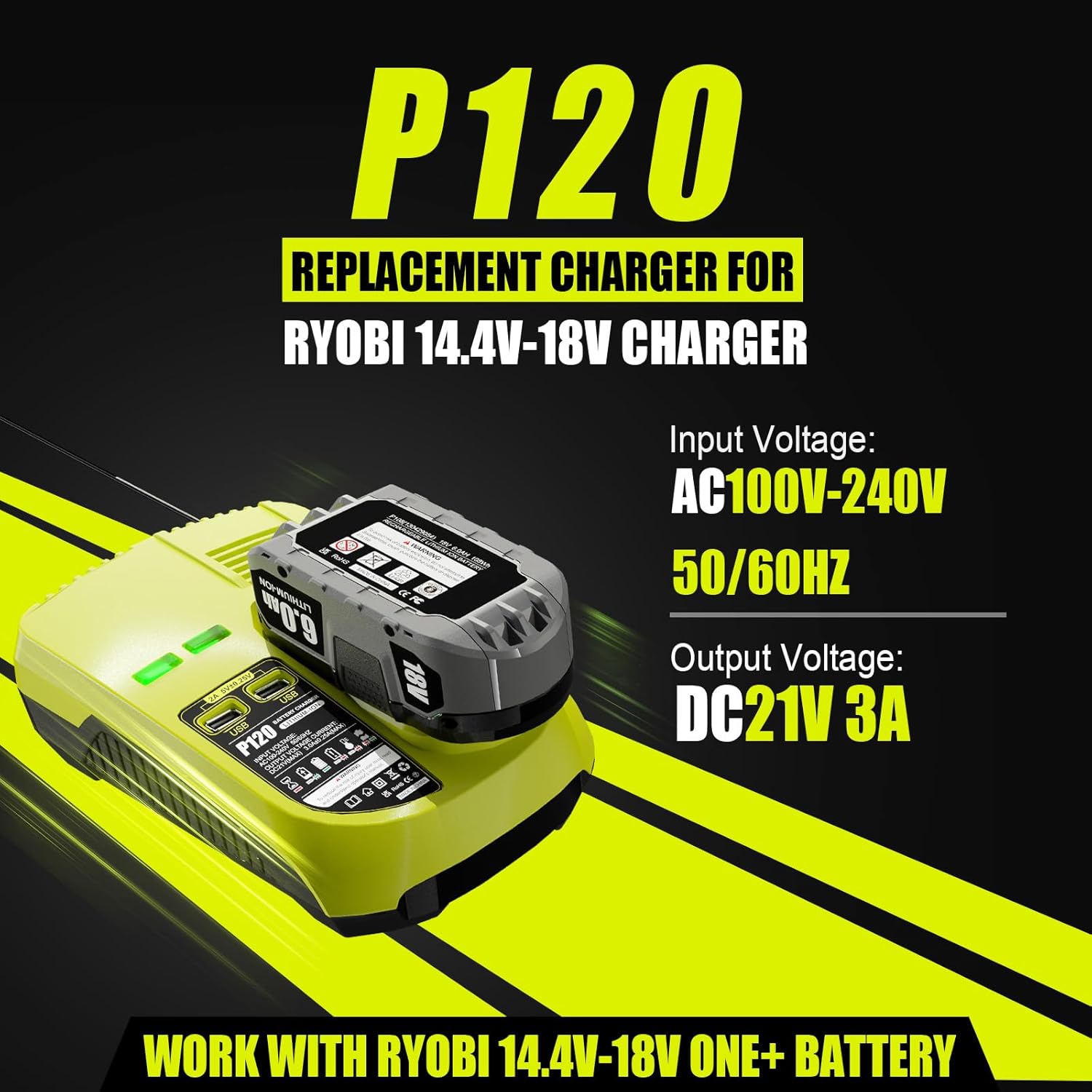 Replacement Charger for Ryobi 18V Battery Charger P117 (with 2 USB Port), Compatible with Ryobi Battery 12V-18V One+ Lithium NiCad NiMh Battery P102 P108 P103 P105 P107 P190 PBP002 PBP005