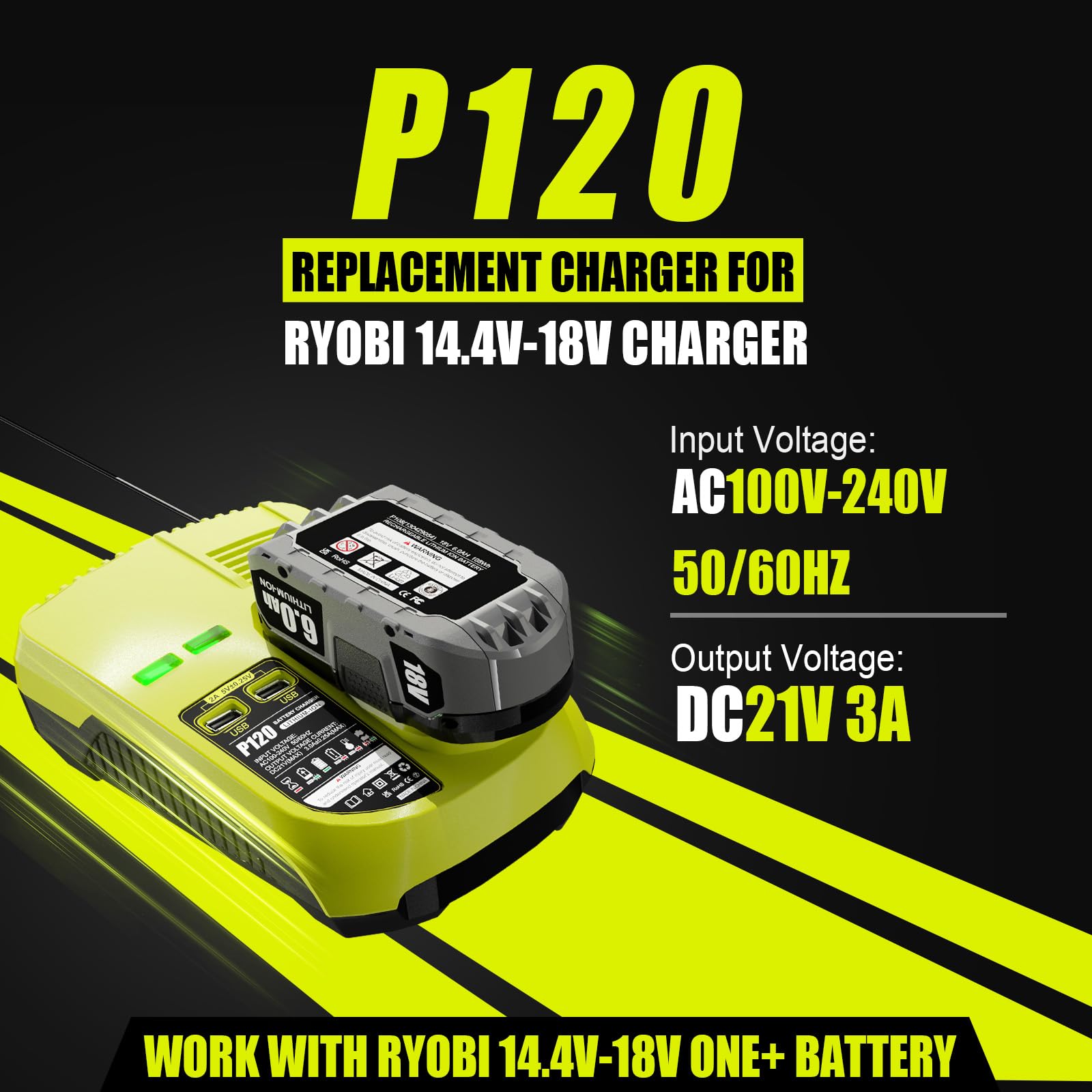 NEPOWILL Replacement Charger for Ryobi 18V Battery Charger P117 (with 2 USB Port), Compatible with Ryobi Battery 12V-18V One+ Lithium NiCad NiMh Battery P102 P108 P103 P105 P107 P190 PBP002 PBP005
