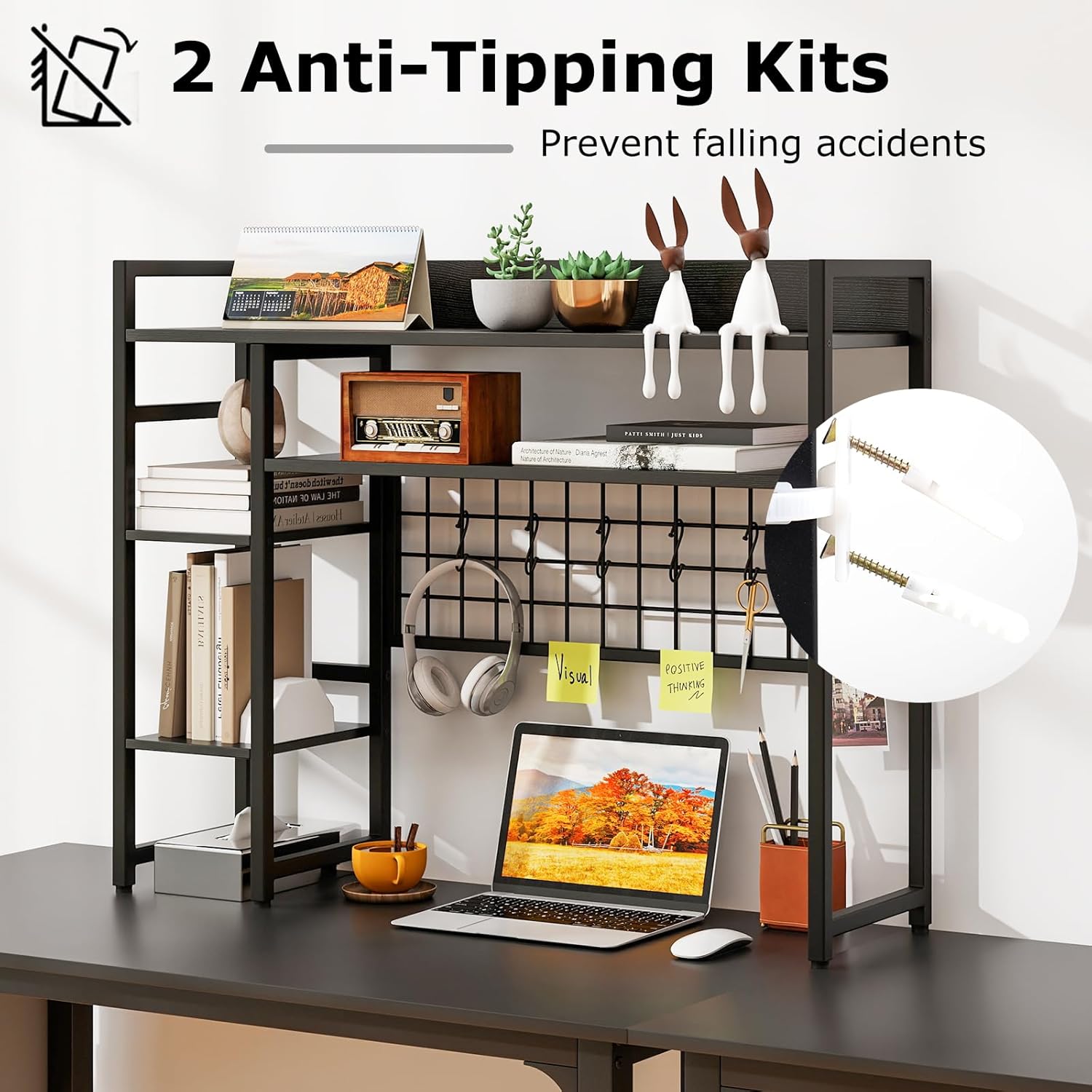 GOFLAME Desktop Bookshelf, 37 Inch Desk Shelf for Computer Monitor, 4-Tier Desk Hutch with Grid Panel 6 Hooks Set, Industrial Countertop Storage Organizer Shelf for Home Office, Dorm (Black)