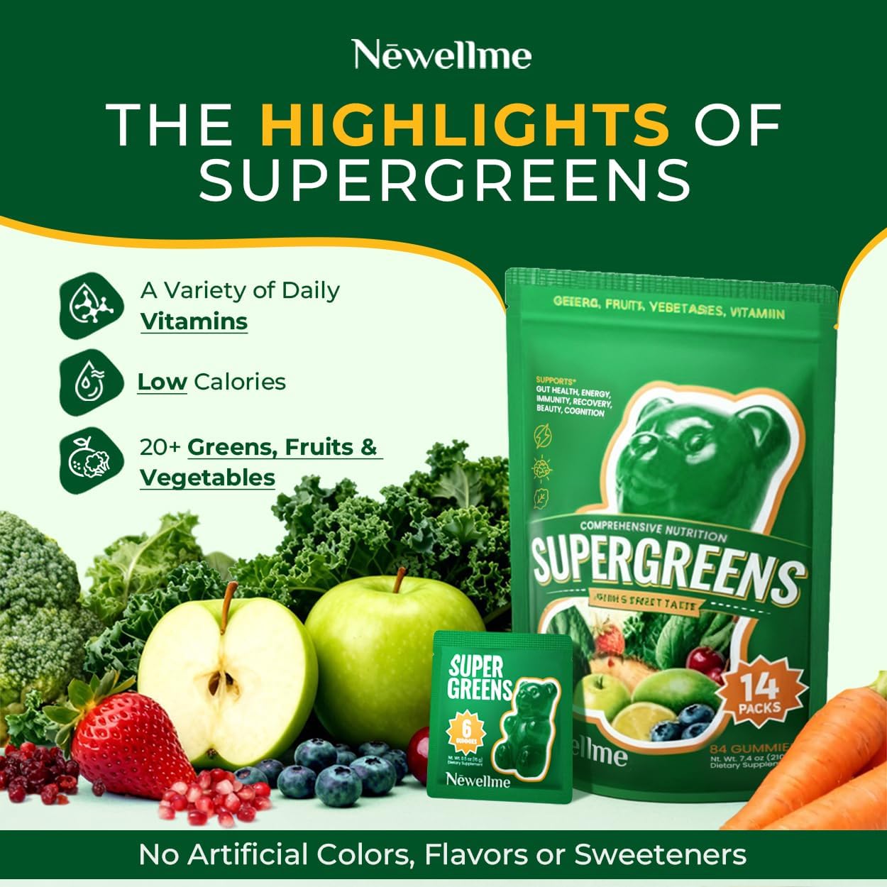 NEWELLME Super Greens Gummies, Delicious Daily Greens Multivitamin Gummy Bears with Superfoods, Fiber & Probiotics for Gut Health, Energy & Immune Support, Sugar Free, 14 Grab-and-Go Packs - Image 2