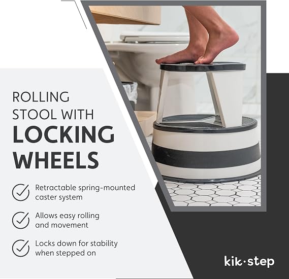 Step Stool with Locking Wheels, Cramer Kik-Step Heavy Duty Rolling Steel Stool, Non-Slip, Holds 350 lbs (Black)