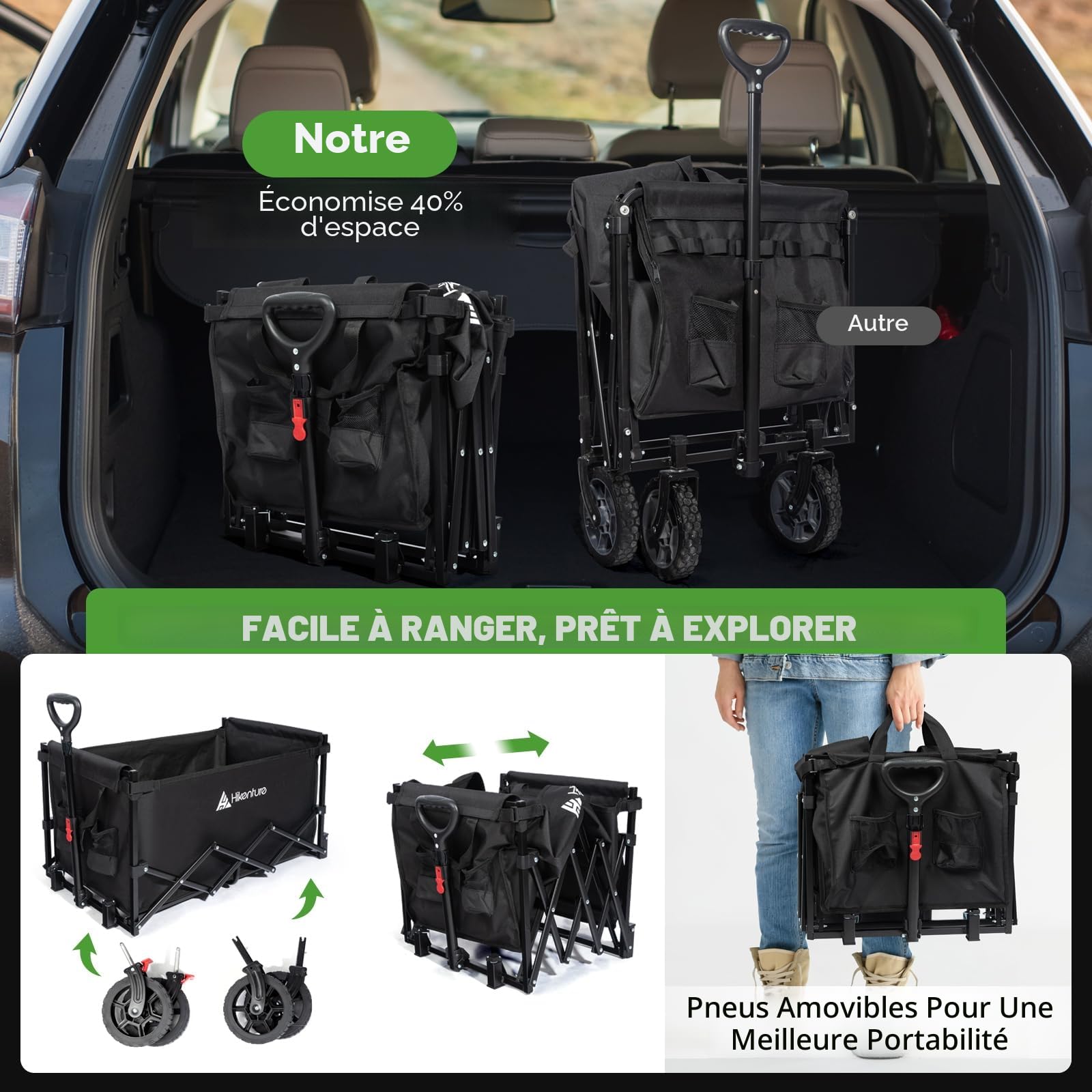 HIKENTURE Chariot Pliable 140L Tout Terrain, Charge 150 KG | Pliage Compact, Roues 360° avec Freins - Chariot de Transport Pliable pour Plage, Camping, Courses, Jardin ou Pêche