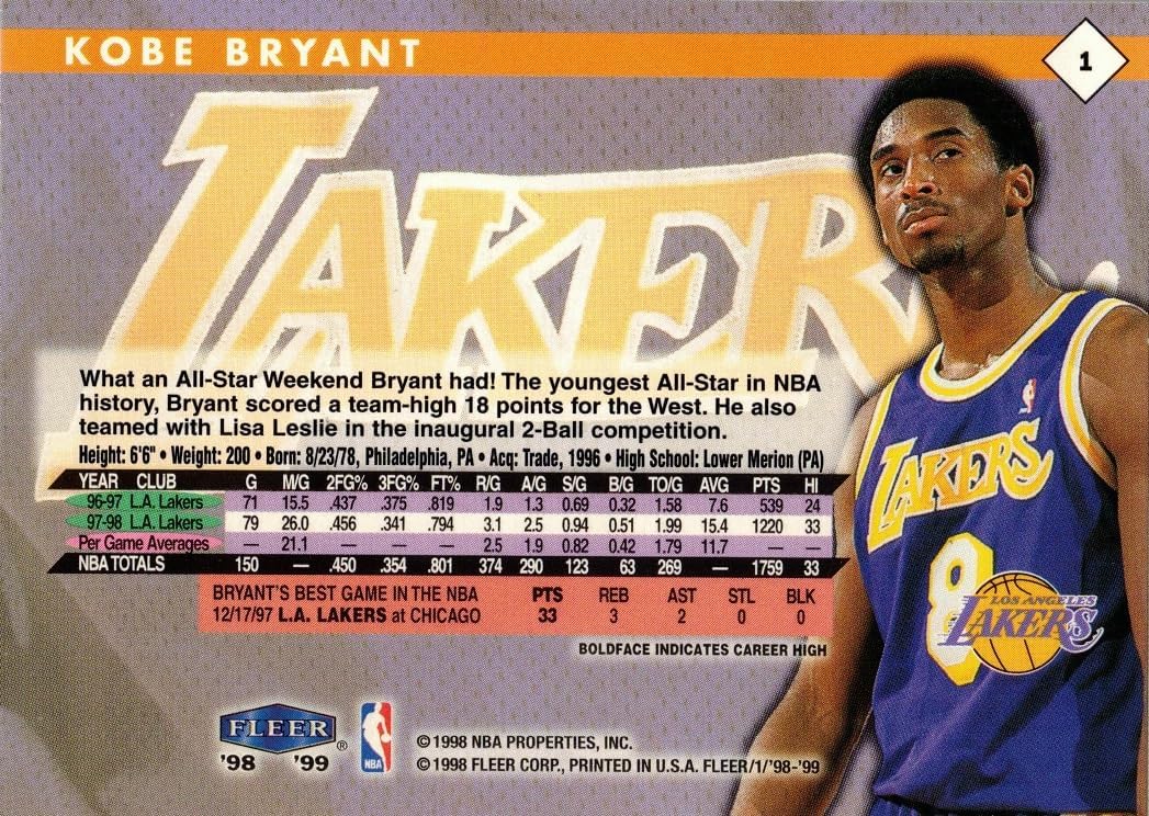 1998-99 Fleer Tradition #1 Kobe Bryant Basketball Card - Being Guarded by Michael Jordan