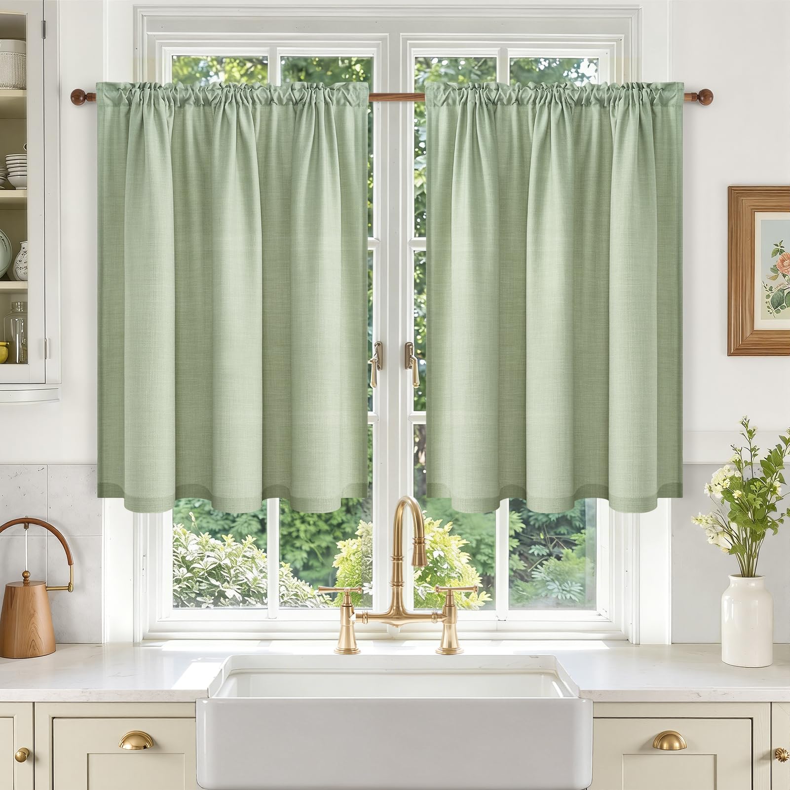 Voilage vert court aspect lin brise bise cuisine lot de 2