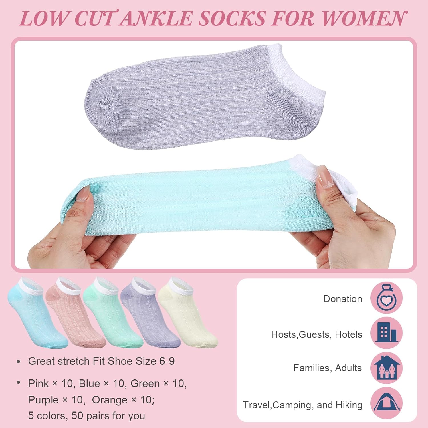 Tarpop 50 Pairs Ankle Socks for Women Size 6-9 Low Cut Thin for Women Size 6-9 Striped Textured Polyester No Show Socks Breathable Pastel Color Women's, 5 Colors - Image 3