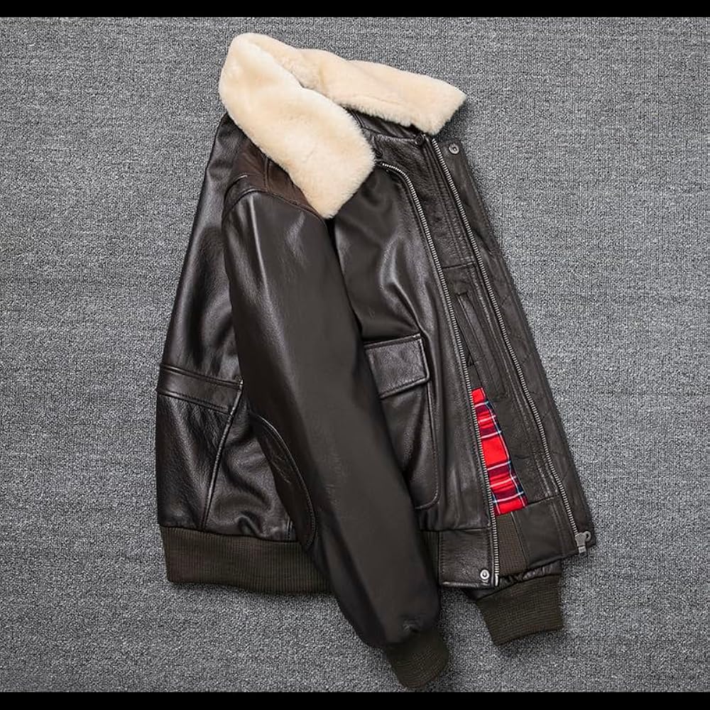 CJQJPNZ Bomber Men Leather Jacket Natural Fur Collar Classic