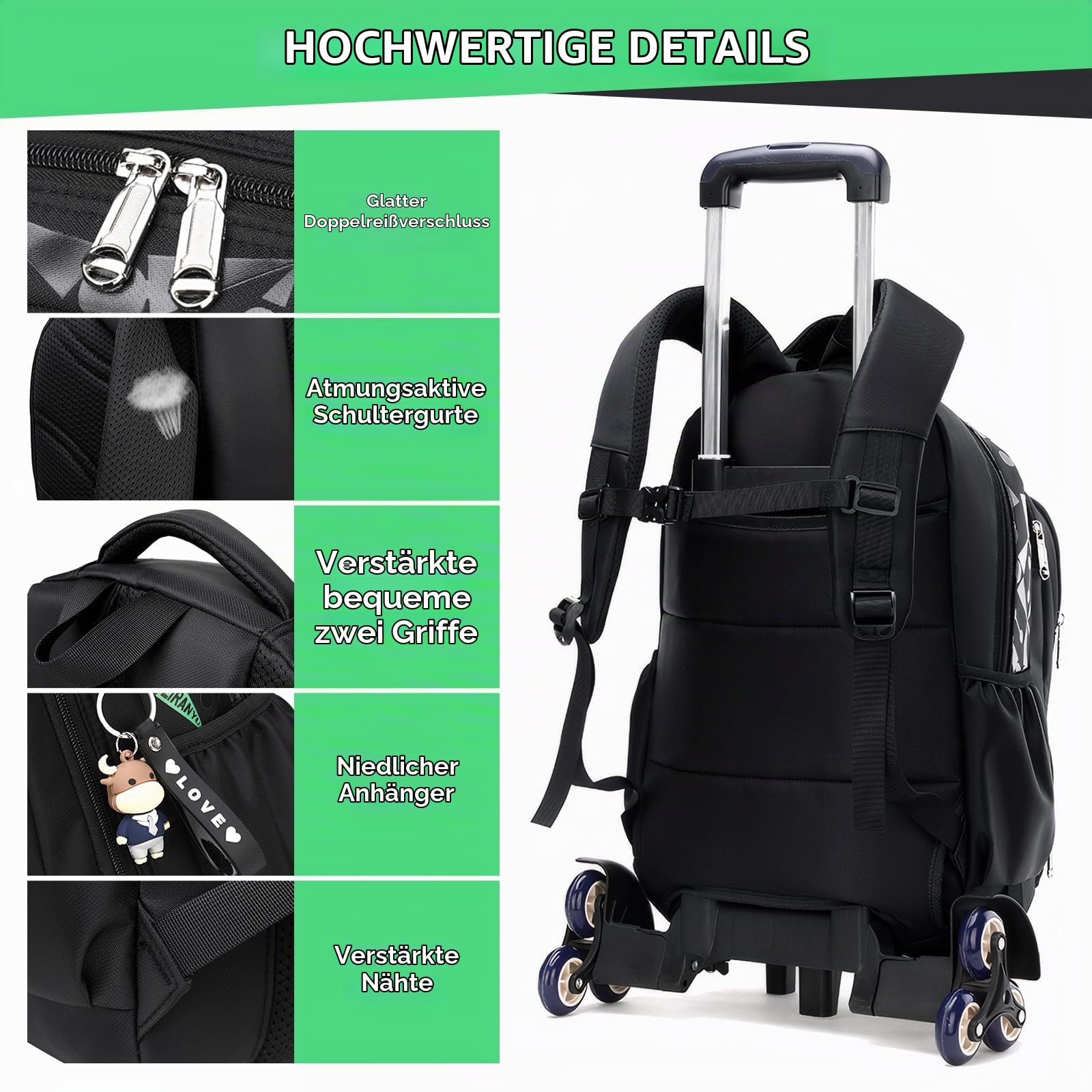 Amythe Kinderrucksack mit Rollen, Abnehmbare Trolley Schulranzen für Jungen Mädchen der Klassen 1-5, Robuster Lässig Rucksack mit 6 Rädern Schulrucksack für Schule/Reise, Schwarz