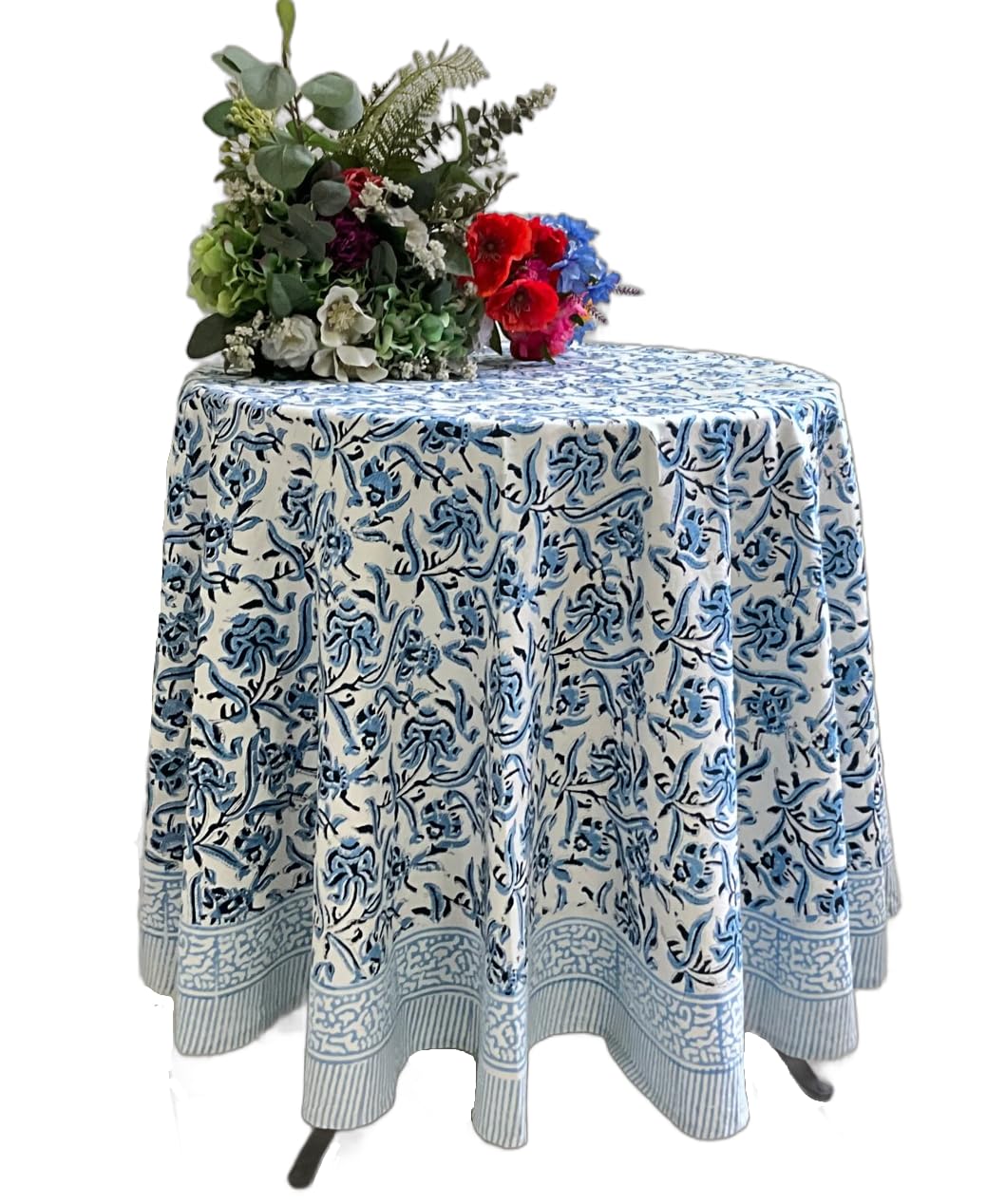 ATOSII 100% Cotton Round Tablecloth – 90 Inch, Boho Floral Block Print, Green, For Dining, Parties, Weddings