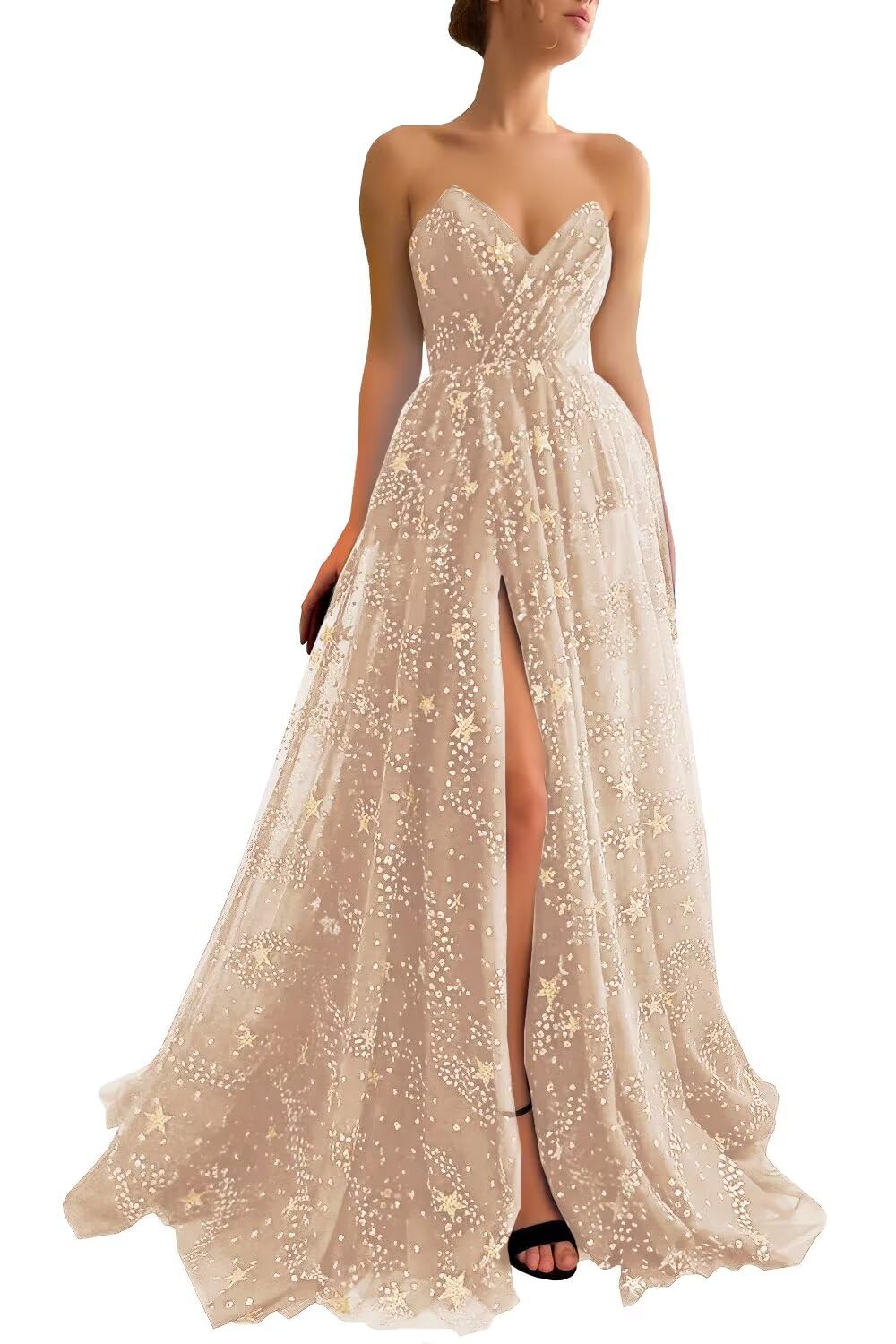 UZN Women's Sparkle Starry Tulle Prom Dresses Strapless Long Formal Evening Party Gowns with Slit
