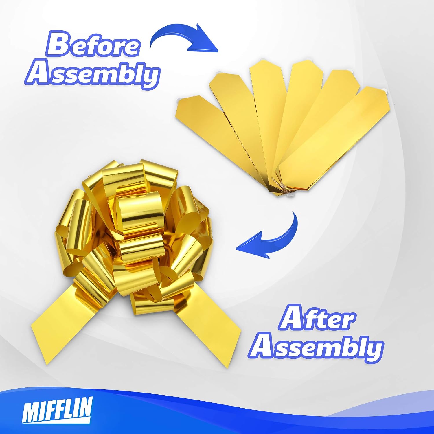 18" Big Car Bow - Metallic Gold Giant Gift Bow for Birthday, Christmas | Mifflin-USA easy to assemble big pull-bow for huge décor, waterproof with no paint stripping, secure attachment tape included