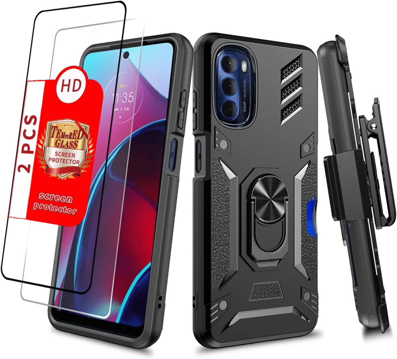 Military Grade Phone Case Fits for Moto G 2022 5G Shockproof Heavy Duty with Belt Clip, Ring, Screen Protector (Black)… For G 5G 2022 Pure Black