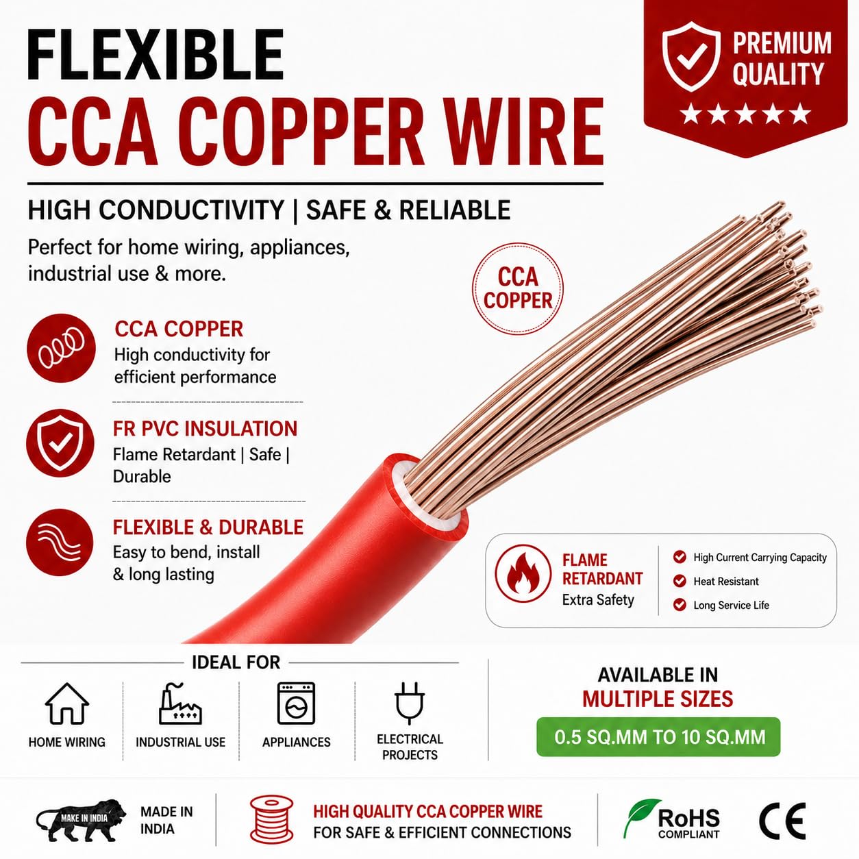 CabONE Lite 1.5 Sq mm Electrical Wire - 90m Blue Single Core CCA Copper Wire | Fire Retardant PVC Insulation for Domestic Wiring Red 3