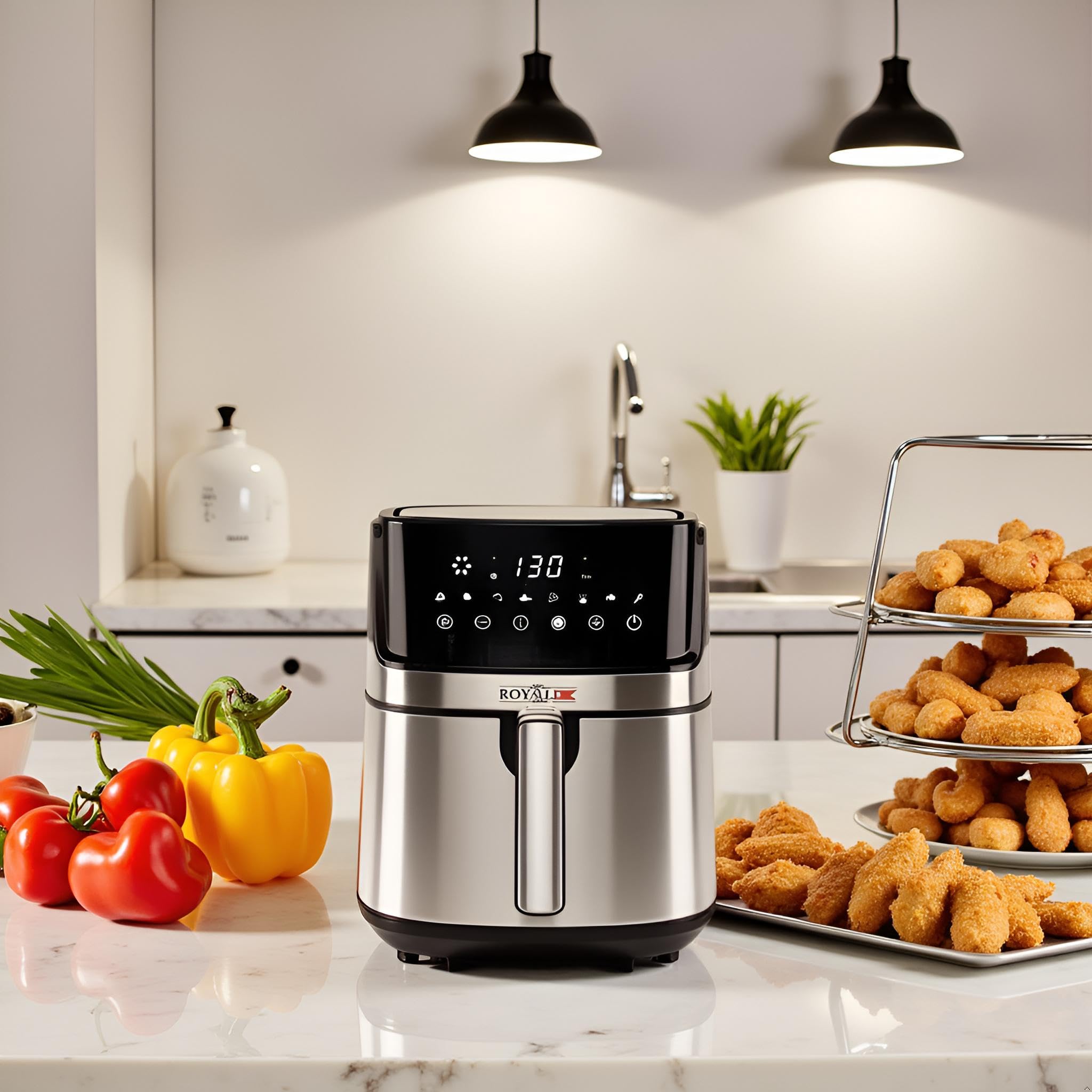 Friggitrice ad Aria Rotante 12L Touch Screen Smart Tuya 1700W, Programmi Automatici, Timer, Senza Olio, Silenziosa, Nera e Grigia – Perfetta per Famiglie e Feste