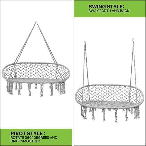 Miniatura 5 de Magshion Hamaca de 2 asientos con 3 cojines, columpio colgante de macramé con borlas, malla de cuerda de algodón estilo bohemio para uso en