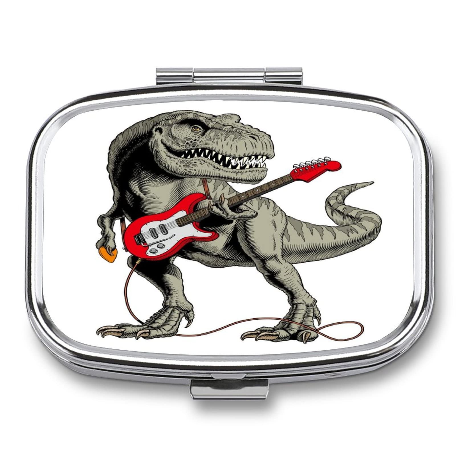 Pudełko na tabletki, dinozaury, gra na gitarze, ma 2 przegródki, nadaje się do noszenia i łatwego otwierania