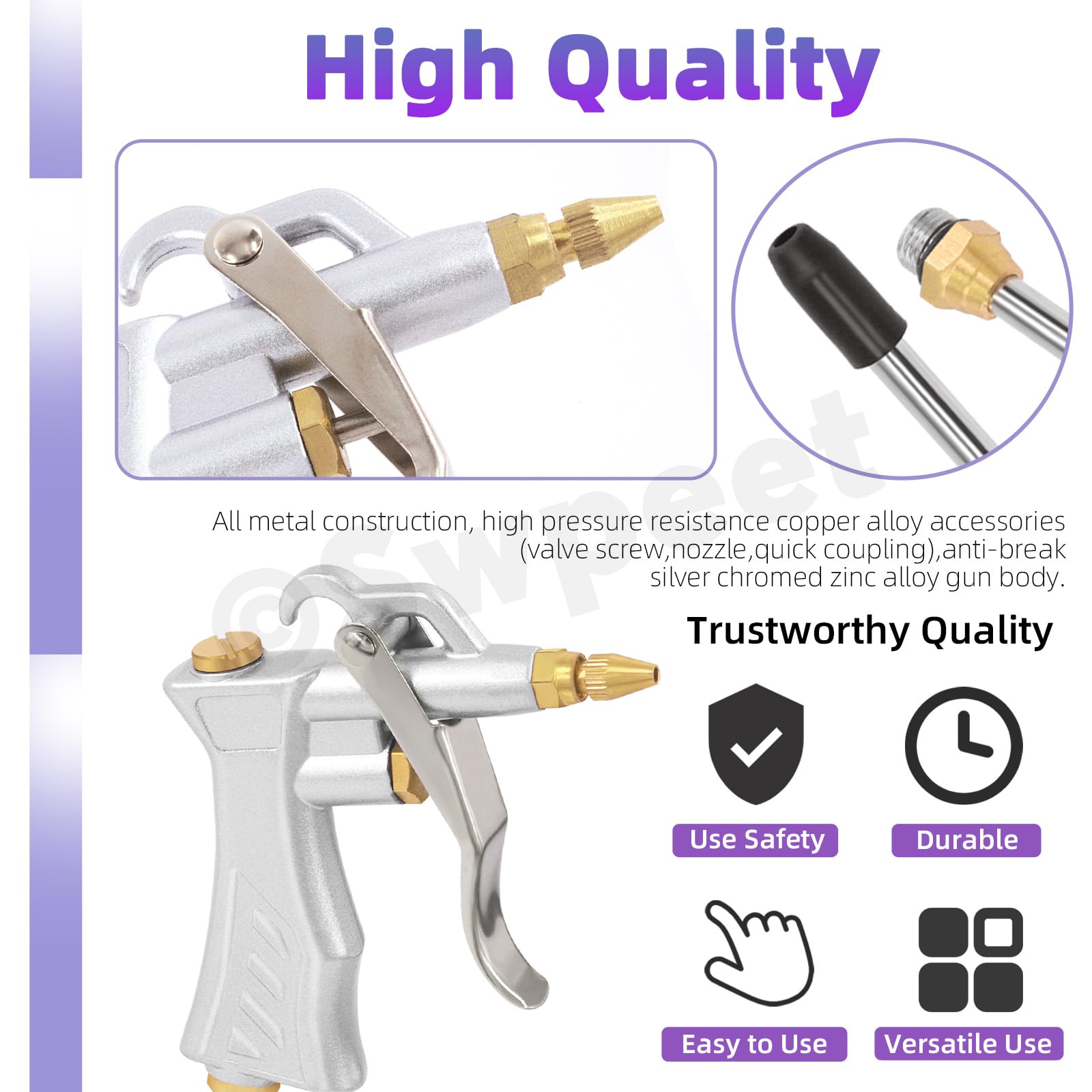 Swpeet 3Pcs Air Tools Assortment Kit Including Air Blow Gun with Brass Adjustable Air Flow Nozzle Standard Quick Coupling and 2 Steel Air Flow Extension for Car Repair Shop Cleaning Work - Image 3