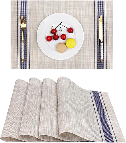 Vinjiasin Juego de 4 manteles individuales tejidos de vinilo para mesa de comedor, con rayas azules, lavables, resistentes al calor, fáciles de
