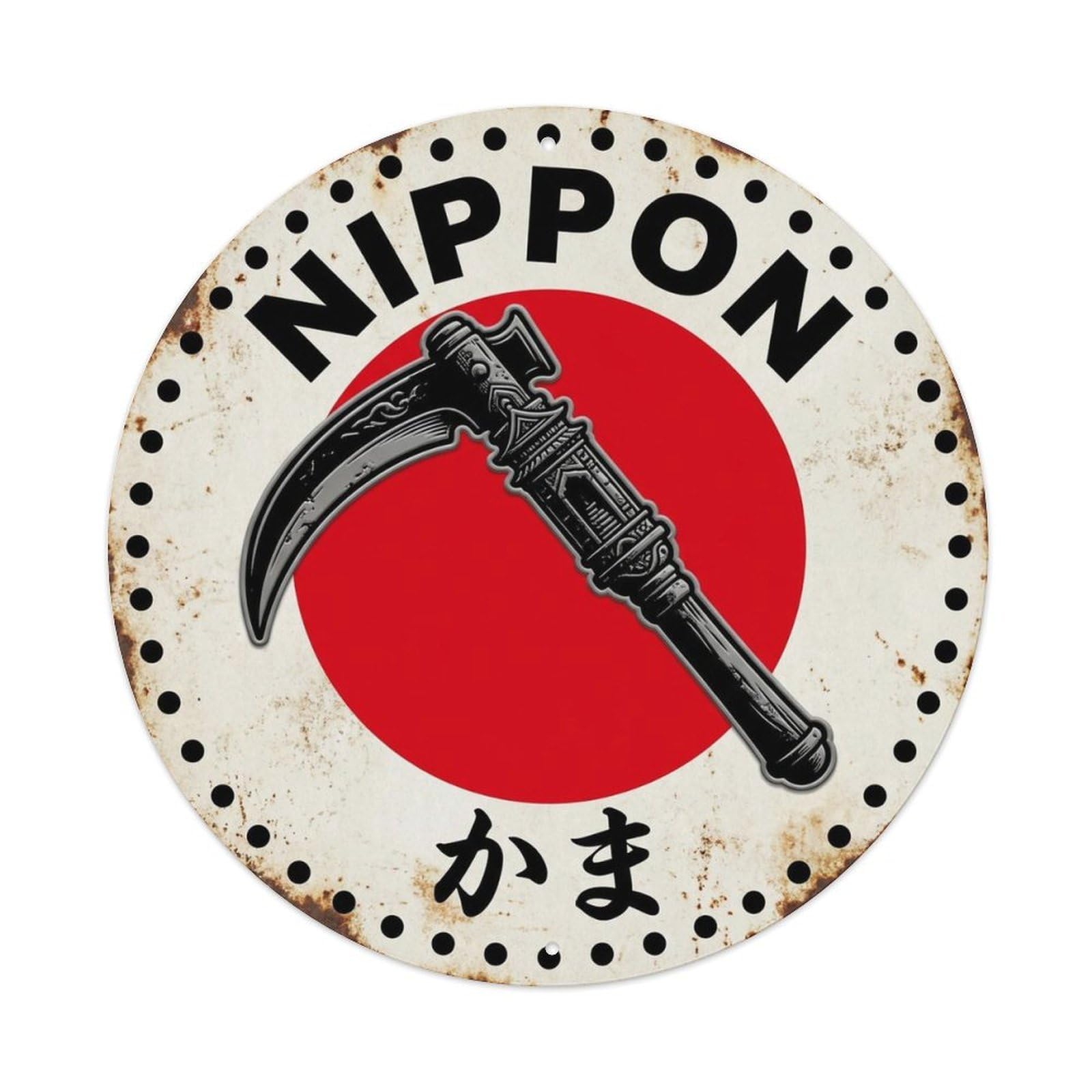 Kama Sickle Nippon Farming Tool Historic Classic Badge Metal Tin Sign Plaque Wall Decor for Cafe, Man Cave, Club Bar, Office, Home Garden Round Metal Poster 8x8Inch