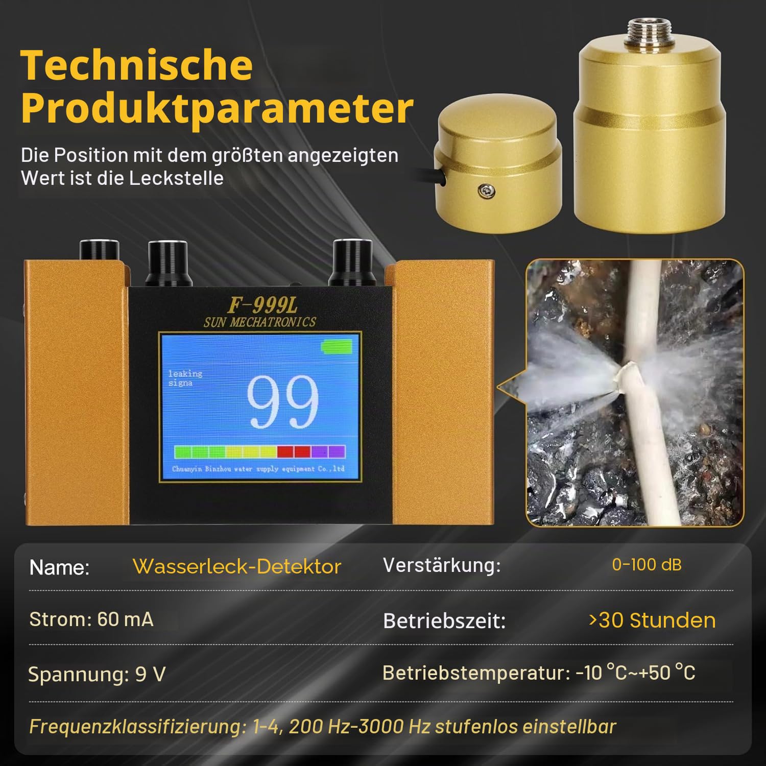Wasserlecksuchgerät, Gold, LCD-Display | 0-100db Verstärkung, 200Hz-3000Hz Frequenzbereich, 4 Modi, Für Haushalts- und Industrierohrleitungen