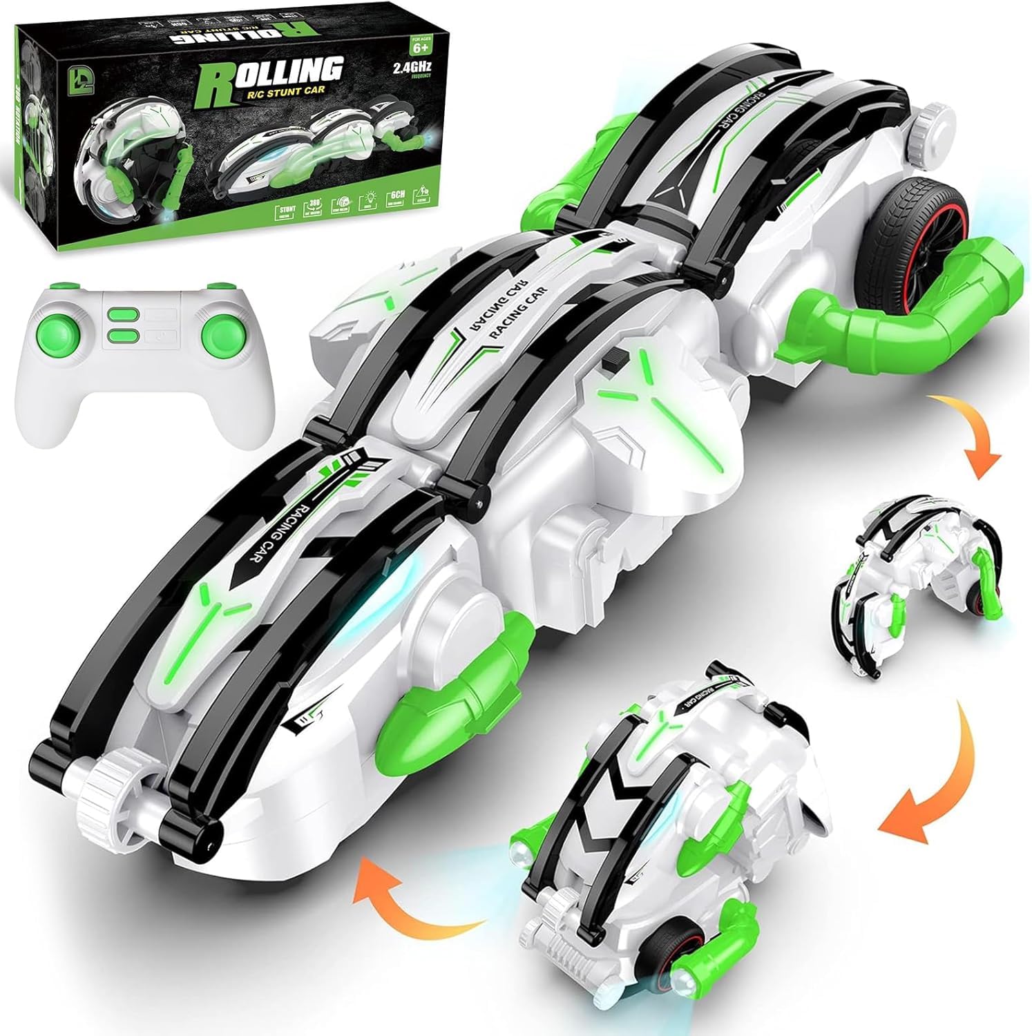 SNAPTRON® RC Cars with LED Lights – 360° Roll Stunt Car for Kids 7-12 Years | Remote Control Snake Car with 2 Rechargeable Batteries | High-Speed 15KM/H | Indoor/Outdoor Toy for Boys & Girls