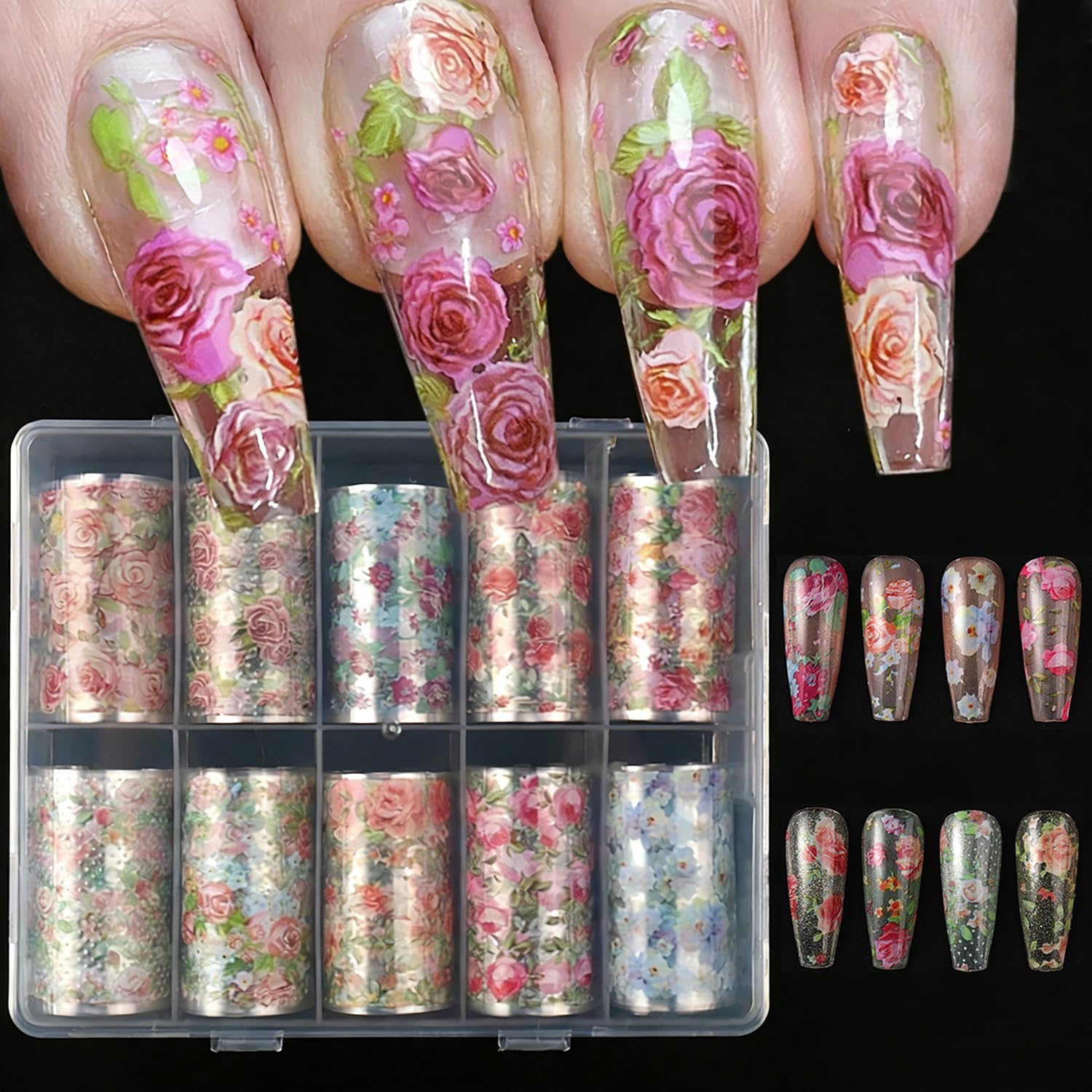 Photo 1 of 10 Rolls Flower Nail Foil Transfer Stickers Spring Flowers Nail Art Foil Decals Cute Floral Nail Art Supplies Decoration Summer Nail Transfer Foil Stickers for Women DIY Manicure Accessories