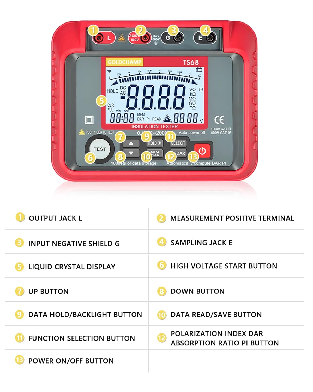 250V-2500V Insulation Resistance Tester, 1MΩ-200GΩ Megohmmeter for Insulation Testing, Electrical Megaohm Meter with Backlight LCD Display, 100 Data Storage, Output Voltage, 10V~600V AC/DC Voltmeter