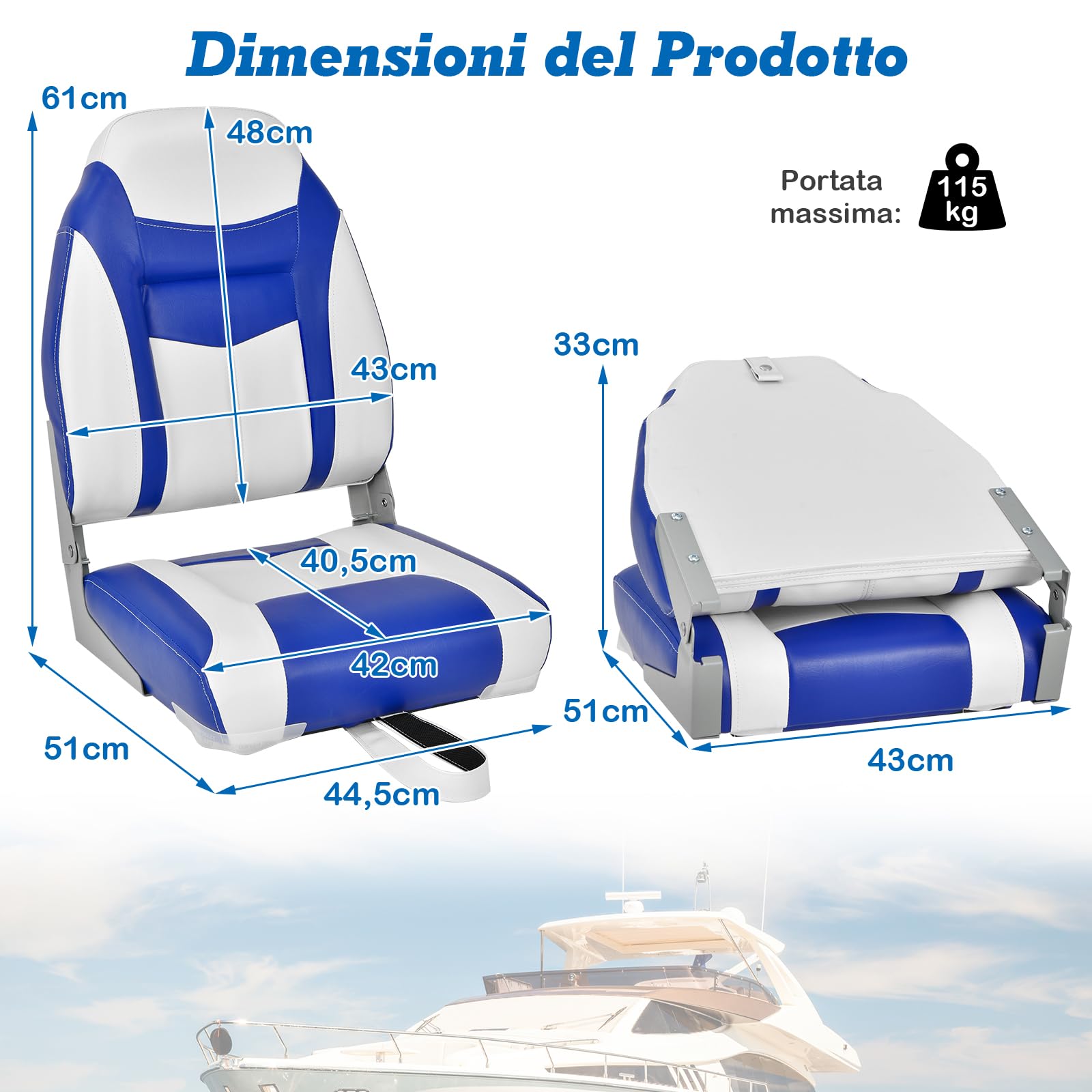 COSTWAY Sedia da Barca, Sedile da Barca Pieghevole con Morbido Cuscino Imbottito, Rivestimento in PVC Impermeabile, 44,5 x 51 x 61 cm (Blu, 2)
