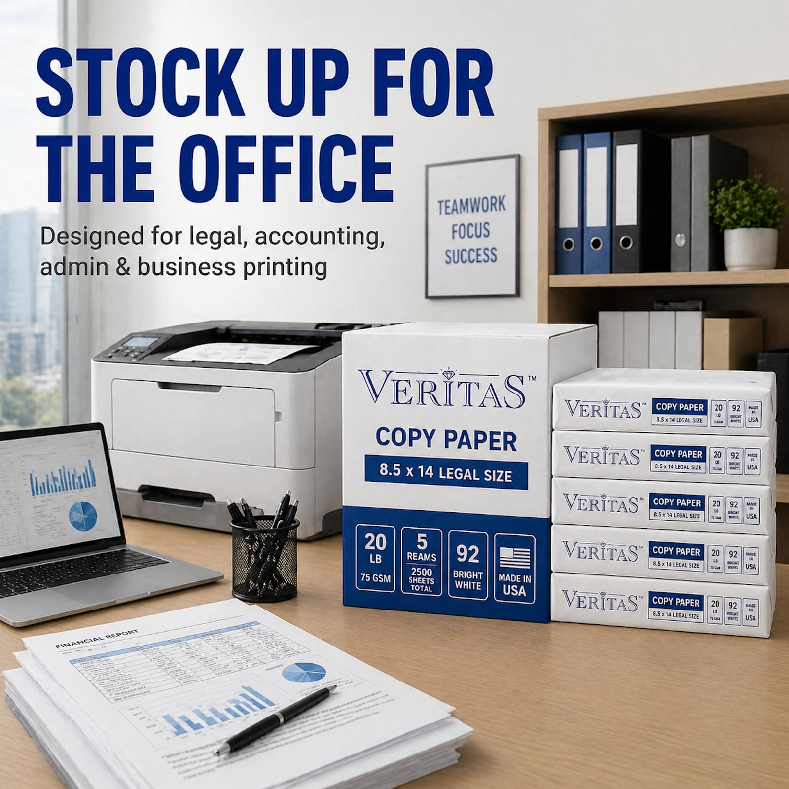 Veritas Kopierpapier, 8,5 x 14 cm, legale Größe, 5 Ries, 2500 Blatt insgesamt, 92 kg / 75 g/m², 92 hellweißes Mehrzweck-Druckerpapier für Büro, Geschäft, juristische Dokumente, Laser und Tintenstrahl