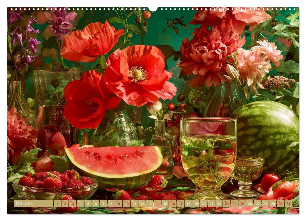 Bloom und Bite. KI mixt Blumen, Obst und Gemüse (hochwertiger Premium Wandkalender 2026 DIN A2 quer), Kunstdruck in Hochglanz: Künstliche Intelligenz ... und digitaler Kreativität. (CALVENDO Kunst)