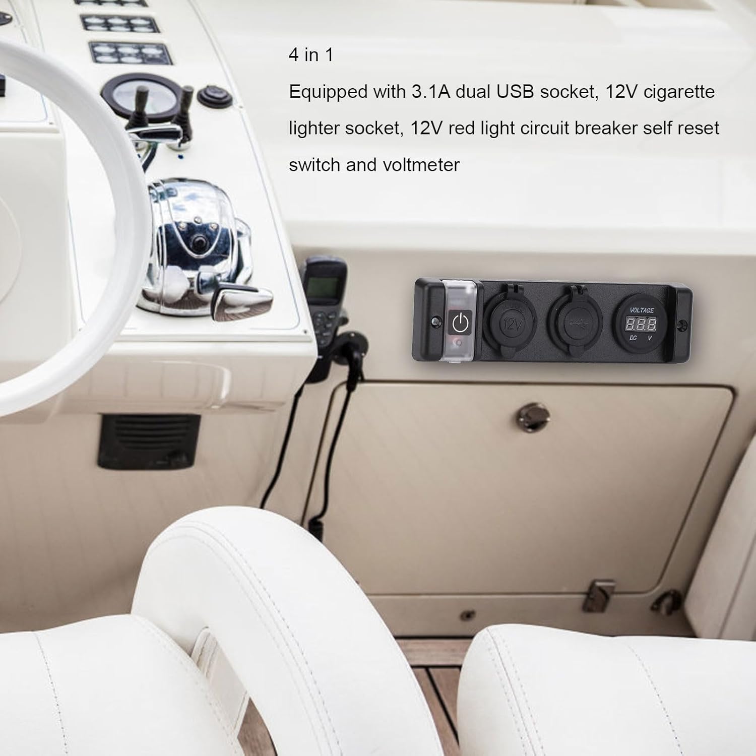 4 in 1 Car Power Panel, DC 12V Dual USB Socket with Cigarette Lighter, Circuit Breaker and Voltage Meter, IP66 Rated, for SUV Boat Marine