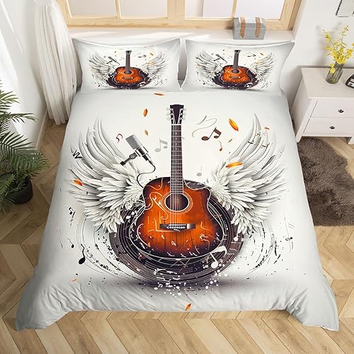 Miniatura 21 de Juego de funda de edredón de guitarra eléctrica, tamaño matrimonial, juego de ropa de cama con notas musicales de rock, disco de vinilo, decoración