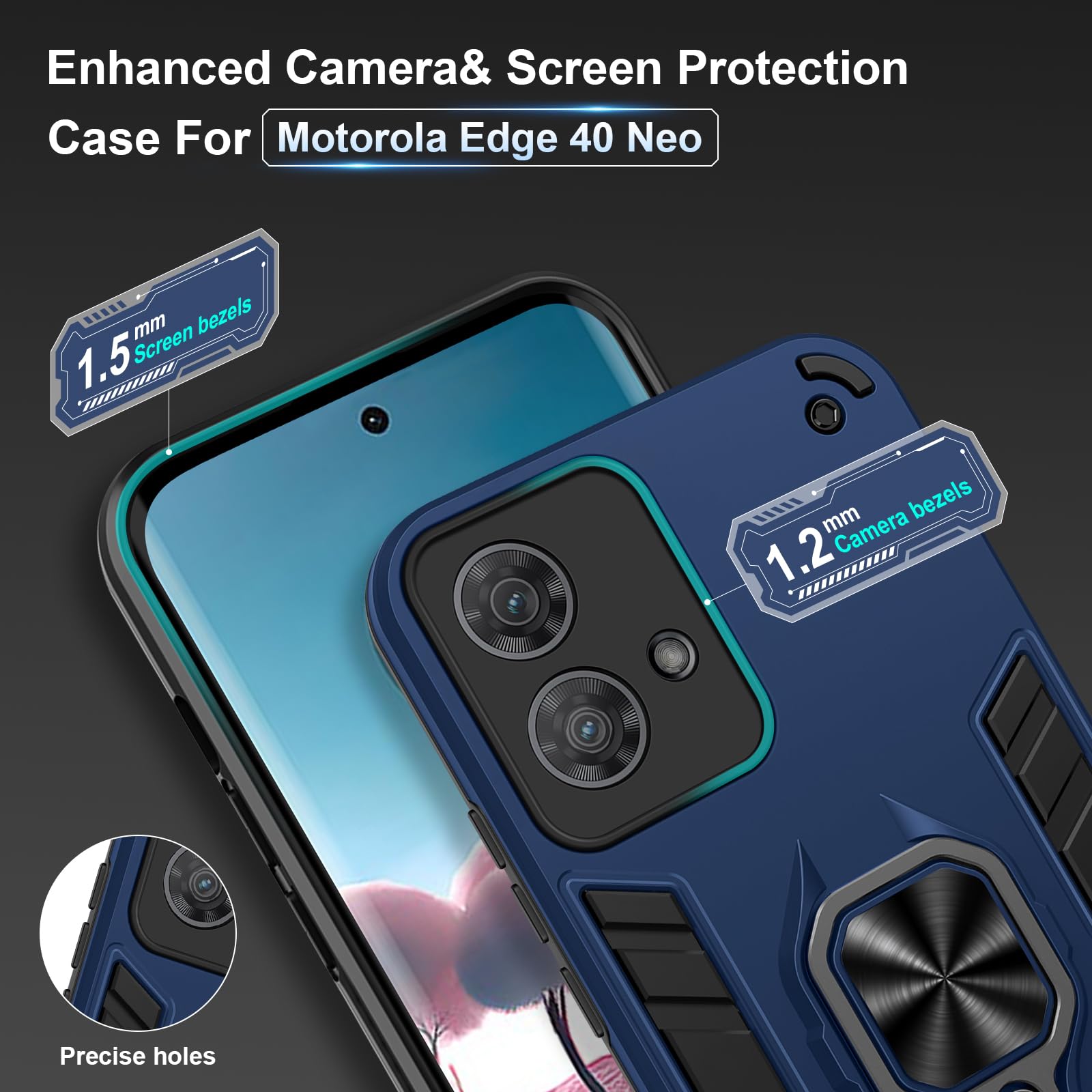 Btstring Cover per Motorola Moto Edge40 Neo, Grado Militare Custodia con Cavalletto in Metallo Rotante a 360°, Hard PC Back Cover e TPU Bumper Antiurto Case- Blu