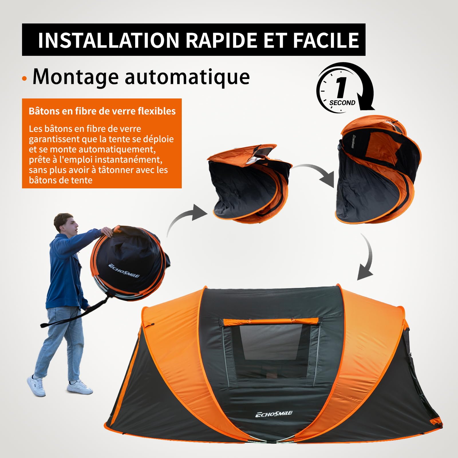 EchoSmile Tente de Camping Pop Up 4-8 Personnes, Imperméable, avec 2 Fenêtres en Maille Aérée, Dôme Portable et Légère pour Le Camping en Plein Air sur la Plage