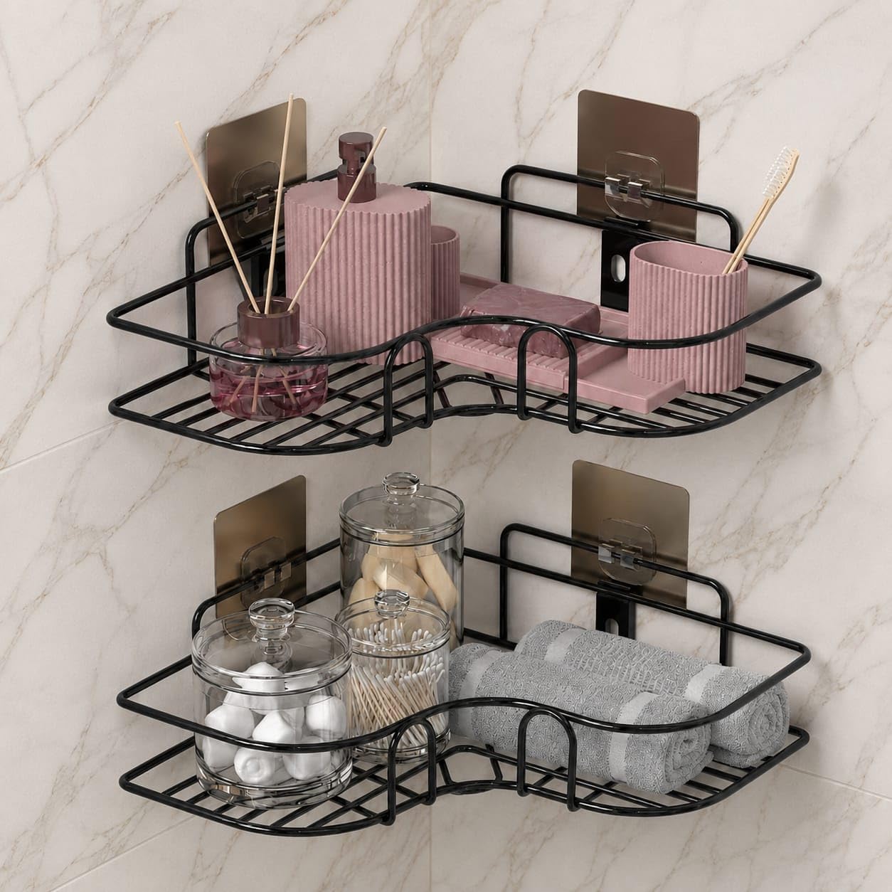 Self Adhesive Metal Bathroom Corner Storage Shelf, Wall Mounted, Pack of 2, Black-picture-43