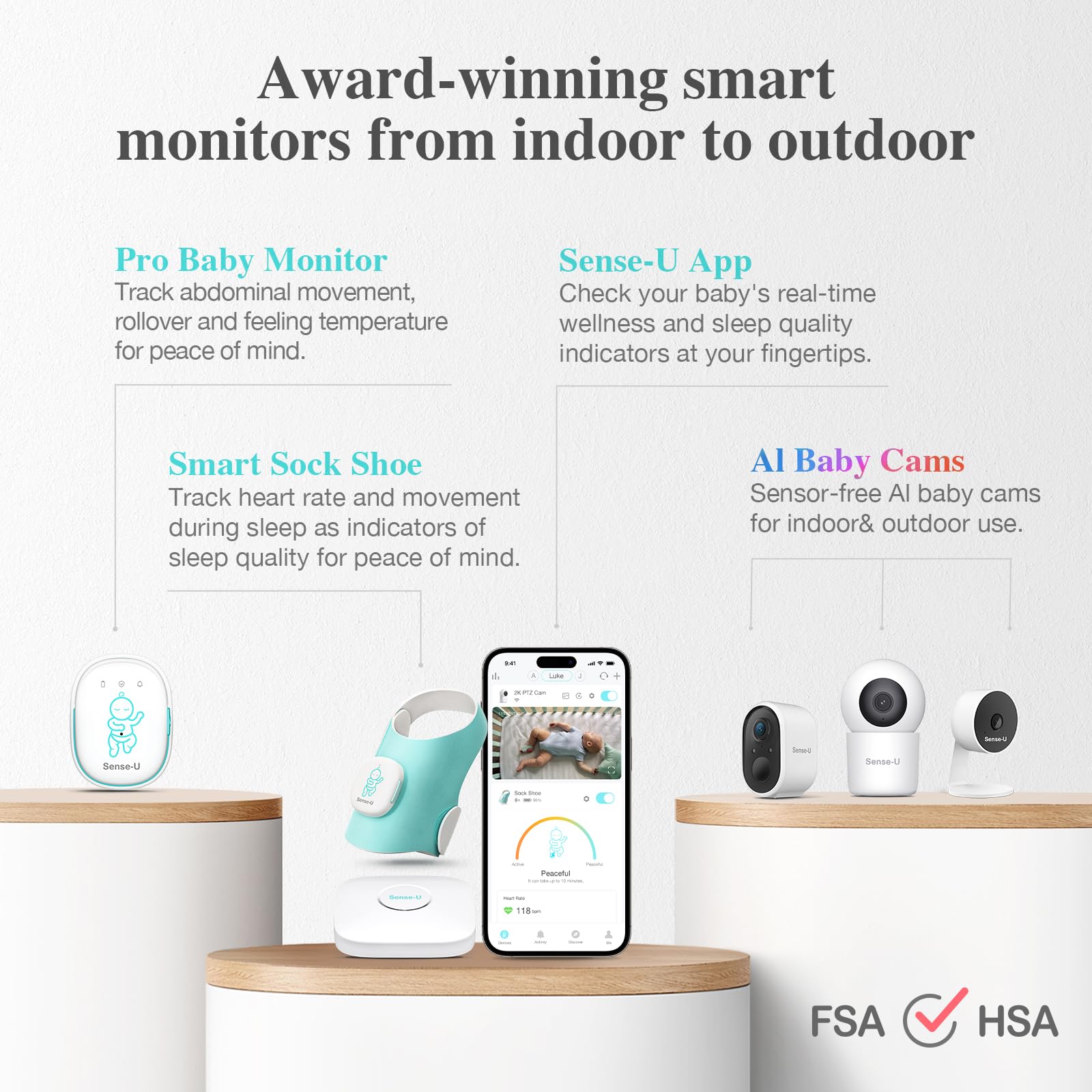 Sense-U Calcetín Inteligente (de Largo Alcance) Monitor para Bebés con Indicador de Sueño y Notificaciones en el Dispositivo, Rastrea Frecuencia Cardíaca y Movimiento Desde Cualquier Lugar
