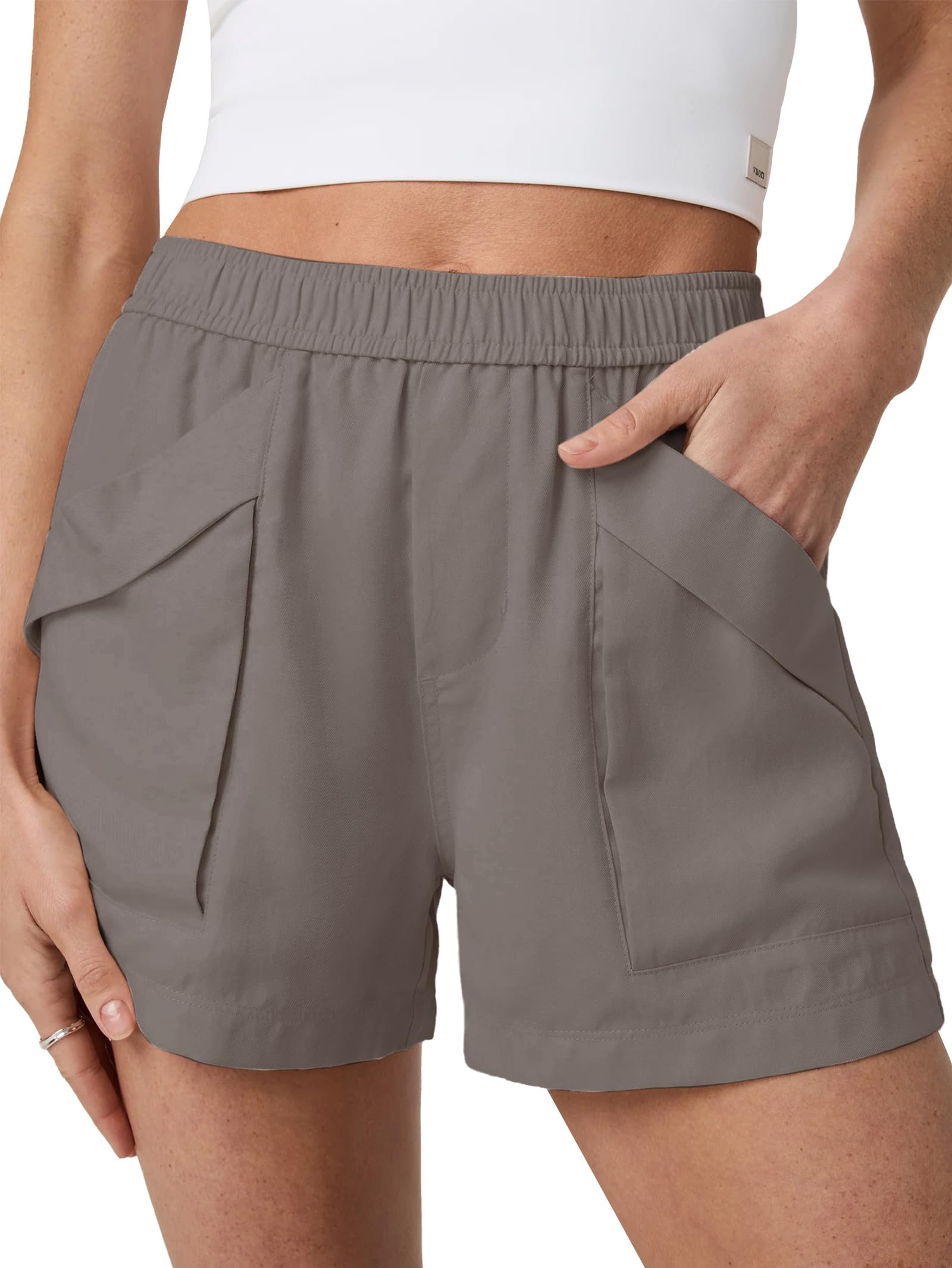 Famulily Damen Shorts aus Leinenmischung mit elastischem Bund und hoher Taille lässige Sommer-Shorts mit Taschen Strand Hotpants für Damen