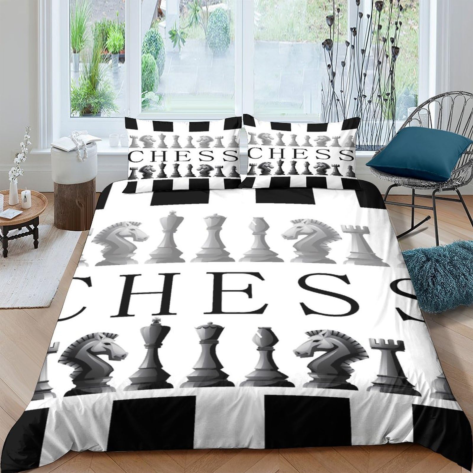 Ctjqhvkz Style-5 3D Printed Chess Board Fitted Sheet Microfiber Soft Black White Chess Piece Bed Cover For Bedroom Dorm Decor Single（135X200cm）
