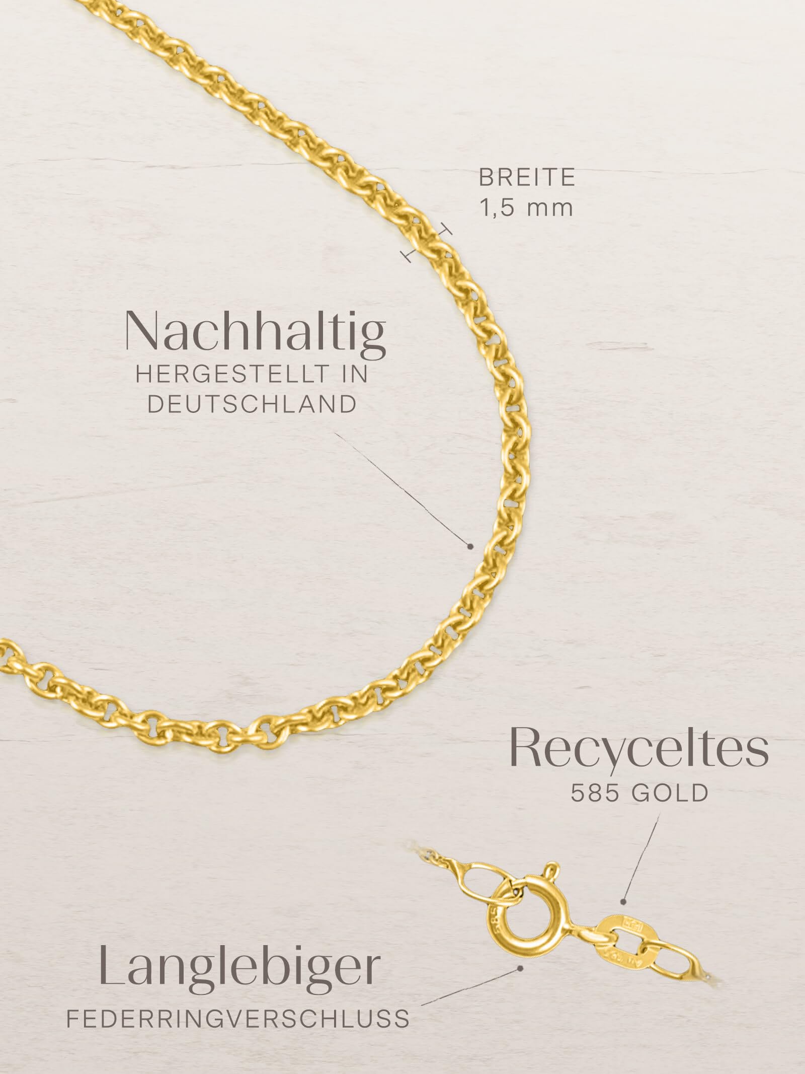 modabilé Damen Erbskette aus 585er Gold (42-45cm I 1,5mm breit) I Goldkette 585 ohne Anhänger I Zarte Halskette für Frauen I Echtgold Kette + Etui I Goldkettchen Produziert in Deutschland