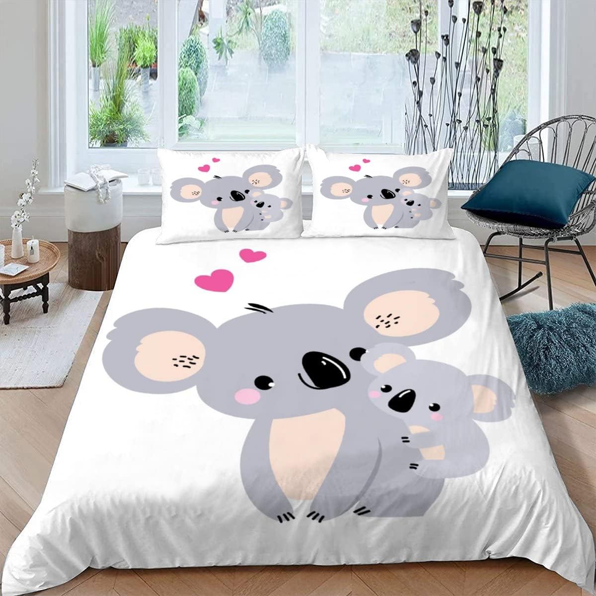 MEVASA Koala Bedding Double Bed Set Microfiber Teenager Bedding Cute Cartoon Koala 3D Bedding Set for Small Double 3Pcs Anti Allergic Double Duvet Cover Set with Zipper /200x200