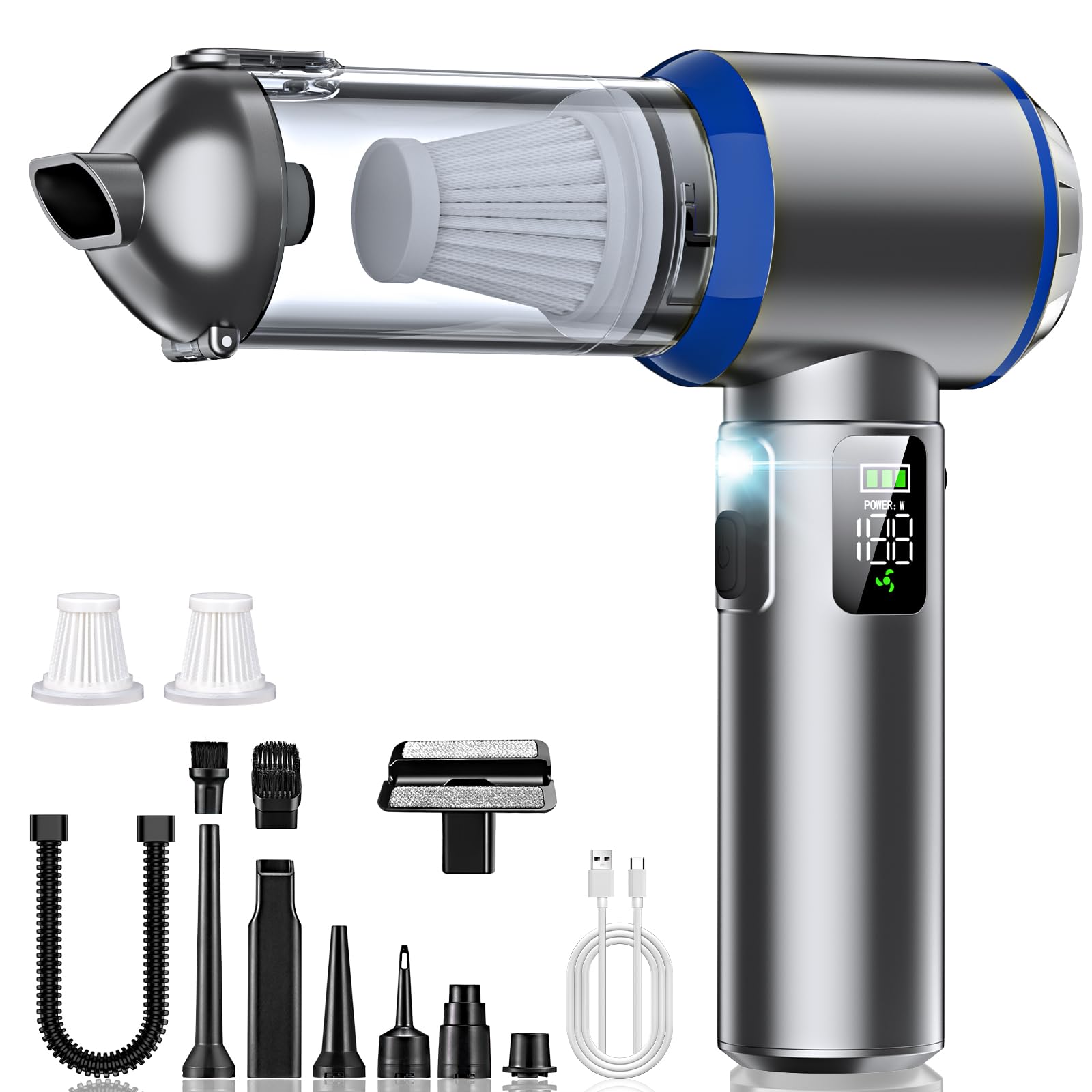 Aspirateur à main sans fil 4 en 1, 32000 PA puissant, aspirateur à main de voiture, 3 vitesses 300 000 tr/min, moteur sans brosse, écran LCD, pour voiture, bureau