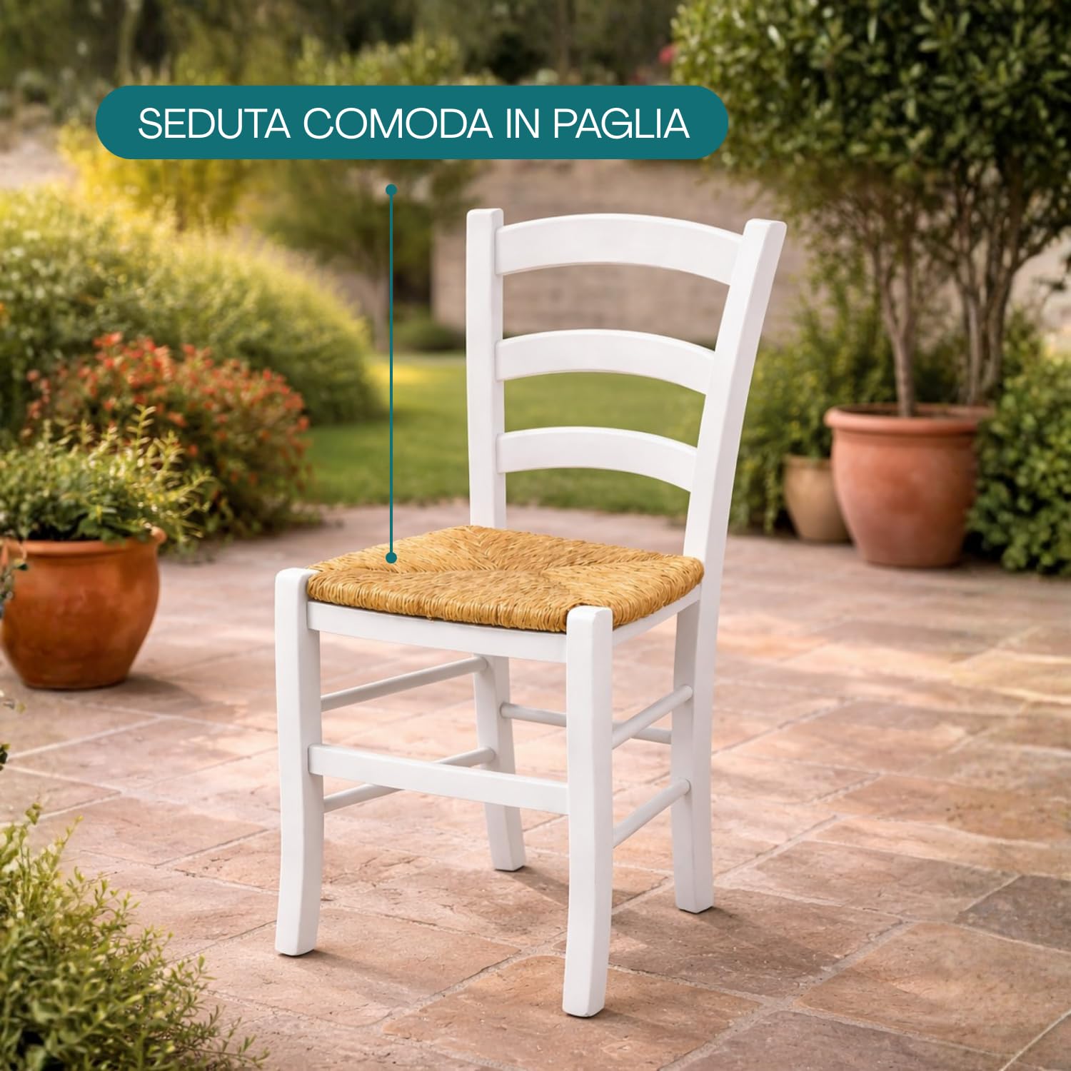 VIRSUS Set 4 Sedie Paesana in Legno con Seduta in Paglia, Misura 43x42x86 cm, Sedia Tradizionale Robusta, per Casa, Cucina, Agriturismo, Ristorante, Made in Italy (Bianco)