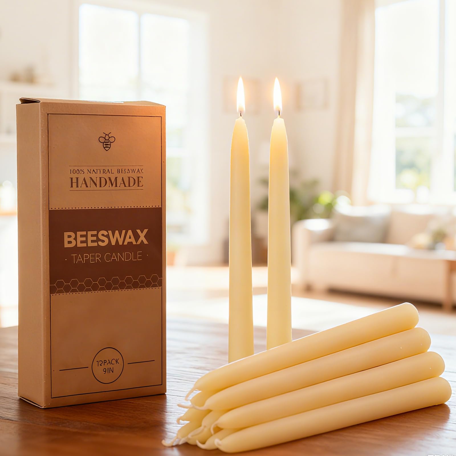 12 Pack Beeswax Candles, 9in Tapered Candlesticks 100% Pure Beeswax, 10-Hour Burn Time, White Taper Candles for Home, Events, and Relaxation